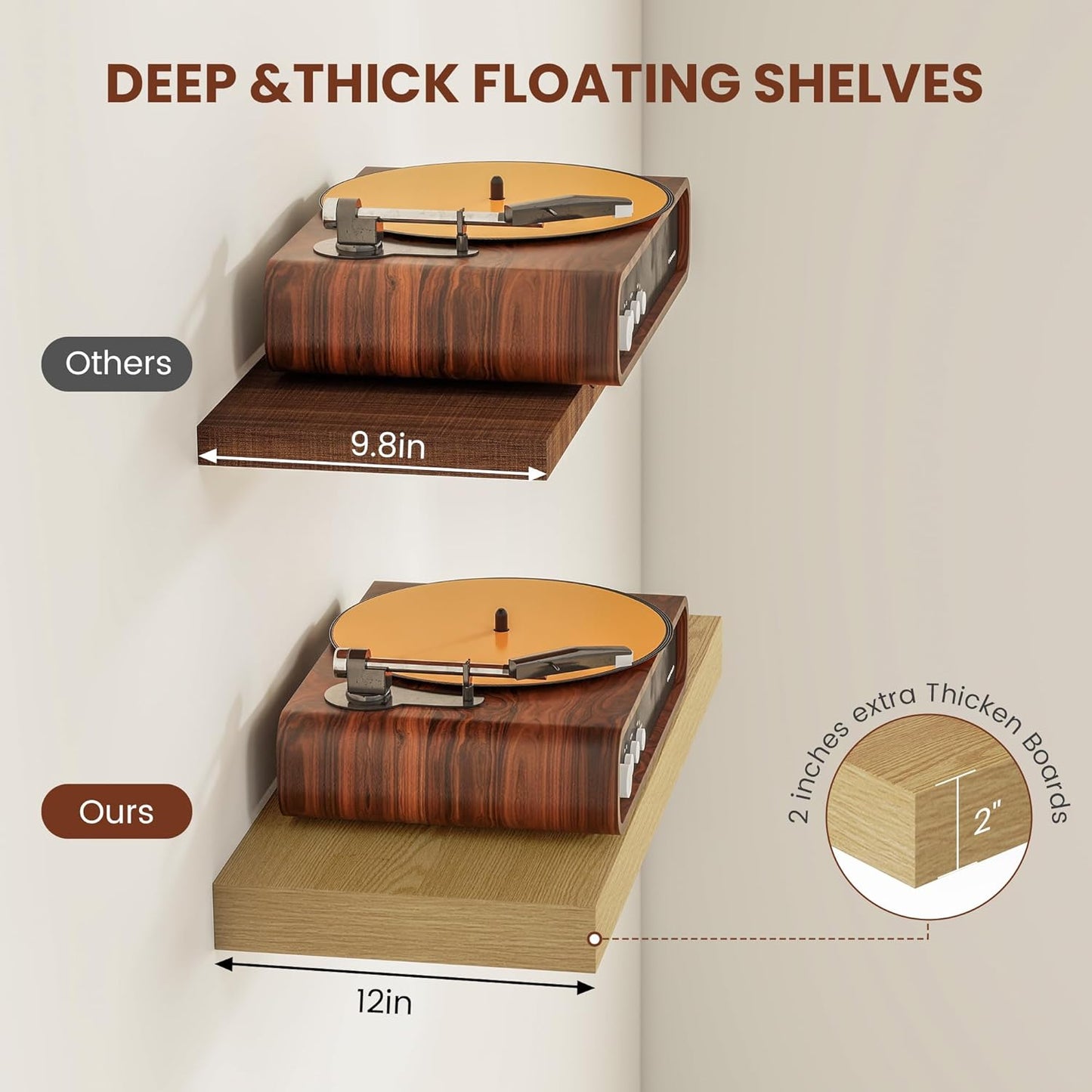 12 Inch Deep Floating Shelves 48 inch Long, 48 x 12 Wide Wall Shelves with Invisible Brackets, Heavy Duty Shelf for Bedroom Bathroom Living Room Kitchen Office Home Decor, Modern Shelf Set of 2, Oak