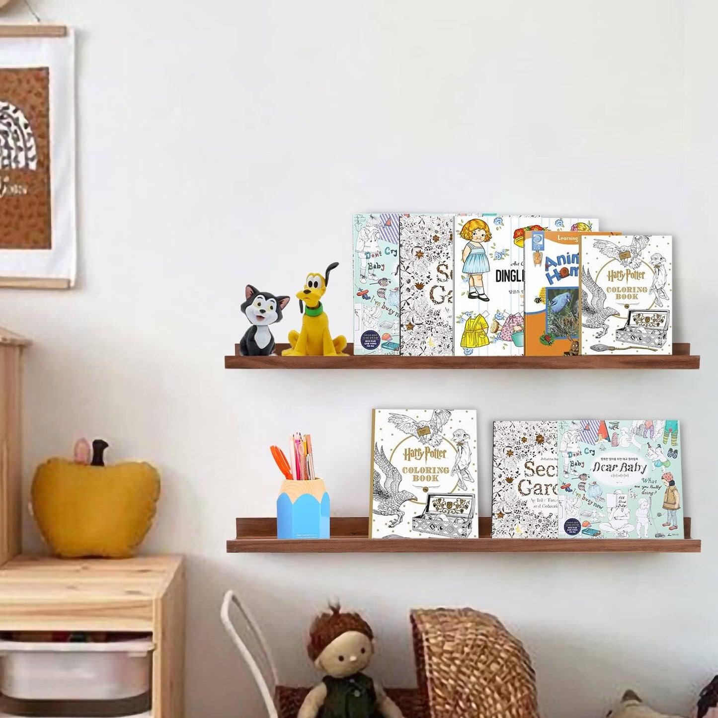 AZSKY Light Walnut Color Wood Wall Floating Shelves for Wall 36 Inch Bookshelf Wall Mount Picture Photo Frames Display Rack with Ledge Decorative Storage Shelves a Set of 2