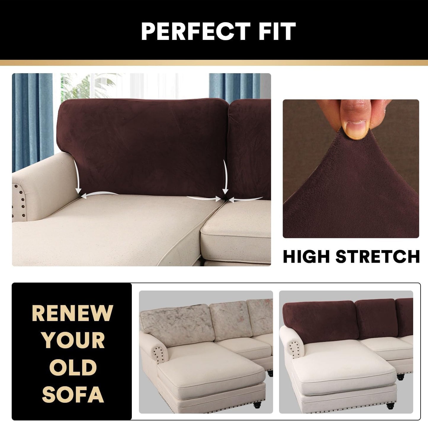 PrinceDeco Sectional Couch Covers Velvet Cushion Covers for Sectional Couch Cushion Covers for Sectional Sofa Separate Sectional Sofa Slipcovers Washable(1 Chaise Back+ 2 Sofa Back,Brown)