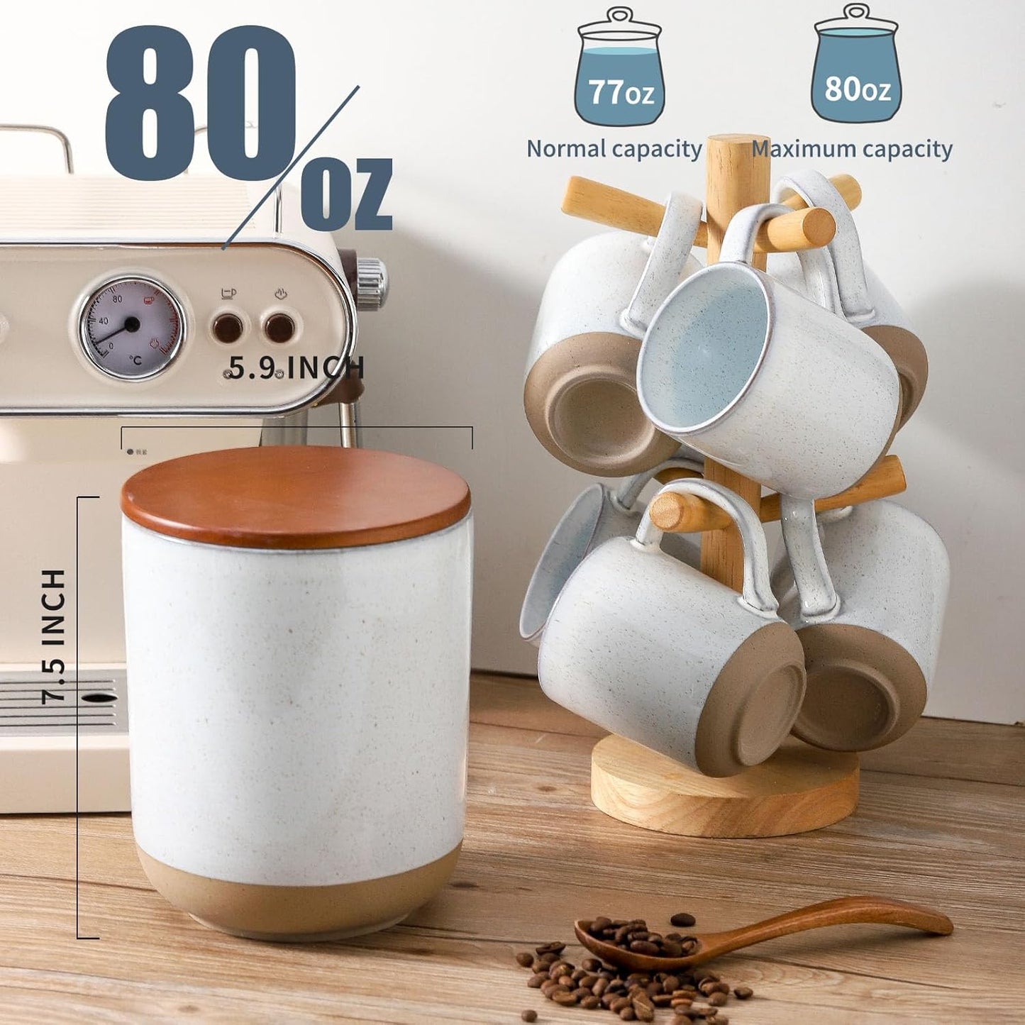 Hasense Ceramic Canister with Airtight Lid for Kitchen Counter, 80 Ounce Large Ceramic Food Storage Jar with Seal Ring for Serving Flour, Grain, Cereal, Pasta, Coffee, Sugar and Tea, Greyish White