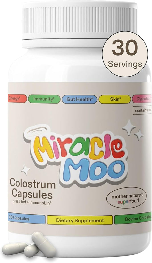 Colostrum Supplement for Gut Health, Hair Growth, Beauty and Immune Support - Easy to Mix Grass Fed Bovine Powder - Highest IgG Plus ImmunoLin (30 Servings (Capsules))
