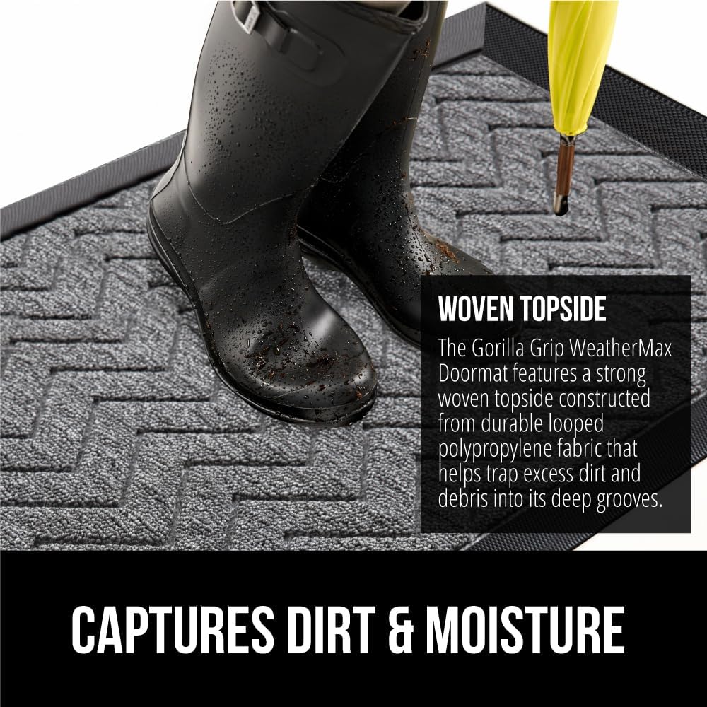 GORILLA GRIP 100% Waterproof All-Season WeatherMax Doormat, 60x24, US Designed Natural Rubber, Stain and Fade Resistant, Low Profile Indoor Outdoor Door Mats, Easy Clean Patio Mat, Steel Chevron