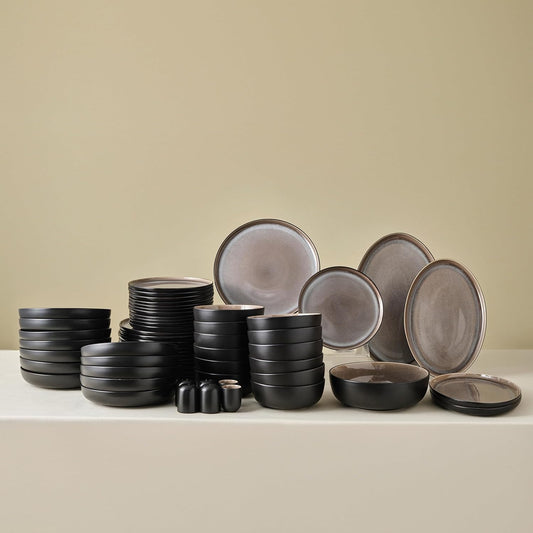 Karaca Mercure 59 Piece Stoneware Plates and Bowls Set, Reactive Glaze Black Dinner Set, Complete Kitchen Tableware Collection, Ideal Dinnerware for 12 People Dining Experience, Dishwasher Safe