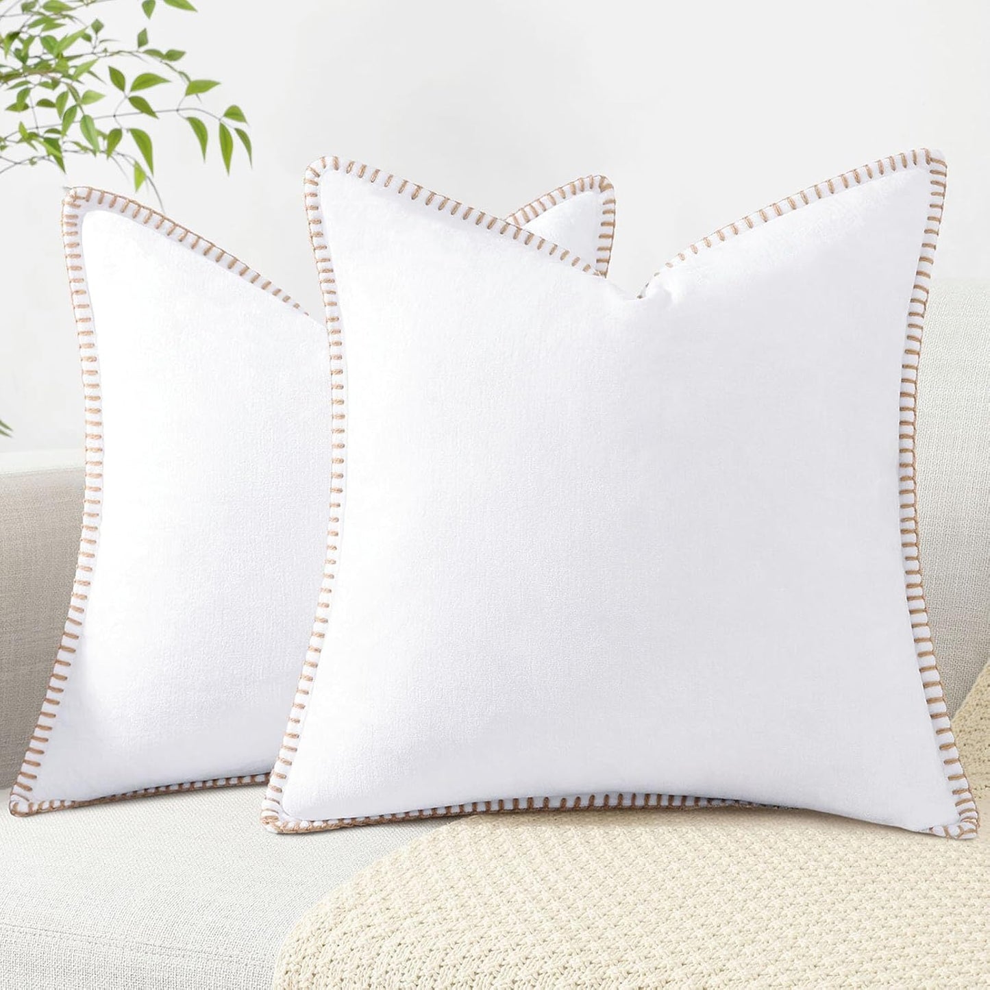 decorUhome Chenille Soft Throw Pillow Covers 26x26 Set of 2, Farmhouse Velvet Neutral Decorative Euro Pillow Covers with Stitched Edge for Couch Sofa Bed Home Decor, White