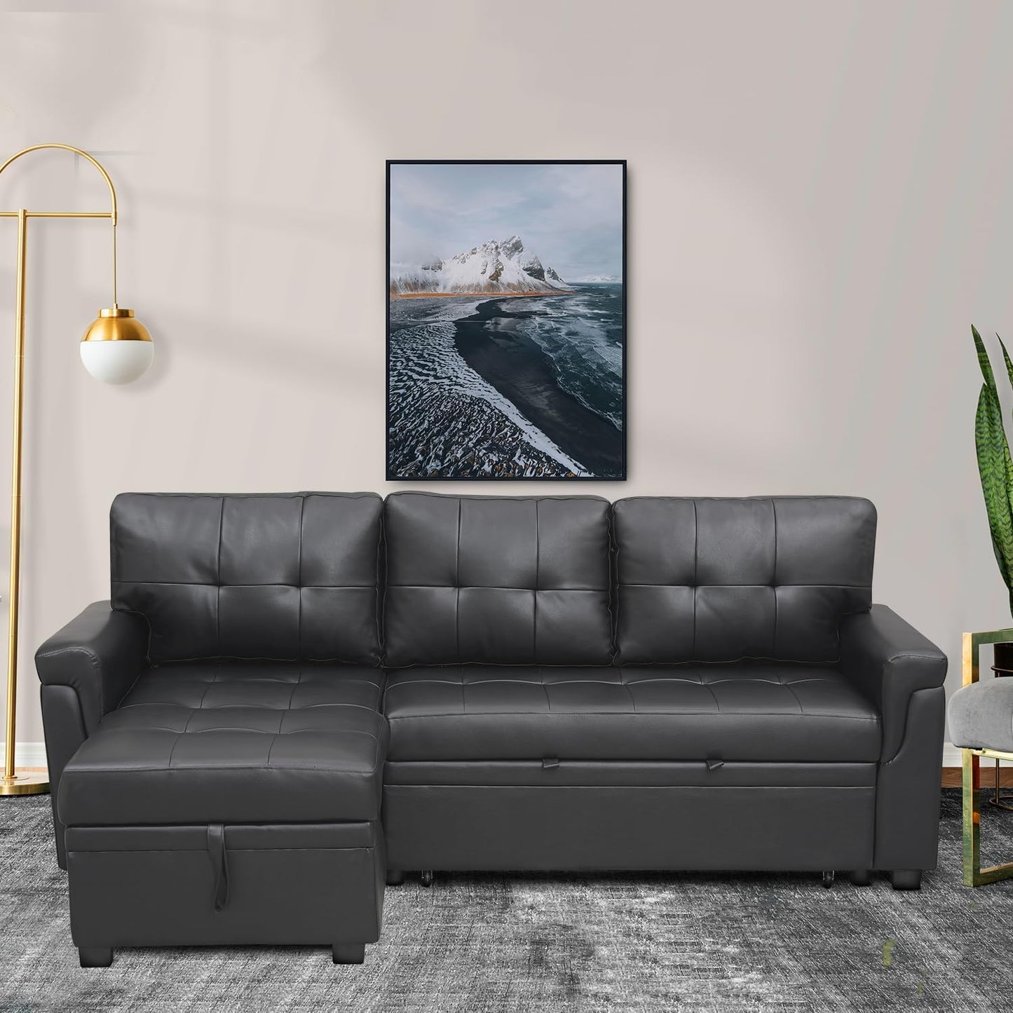 Naomi Home Modern Sectional Sofa with Storage Chaise Black/Air Leather