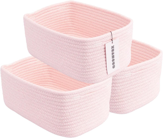 Small Woven Storage Baskets 12“X8”X5“ Decorative Rope Bins for Organizing Shelves, Closets, and Toys, Empty Gift Baskets, Cute Organizer Basket for Home and Office (pink, regular)