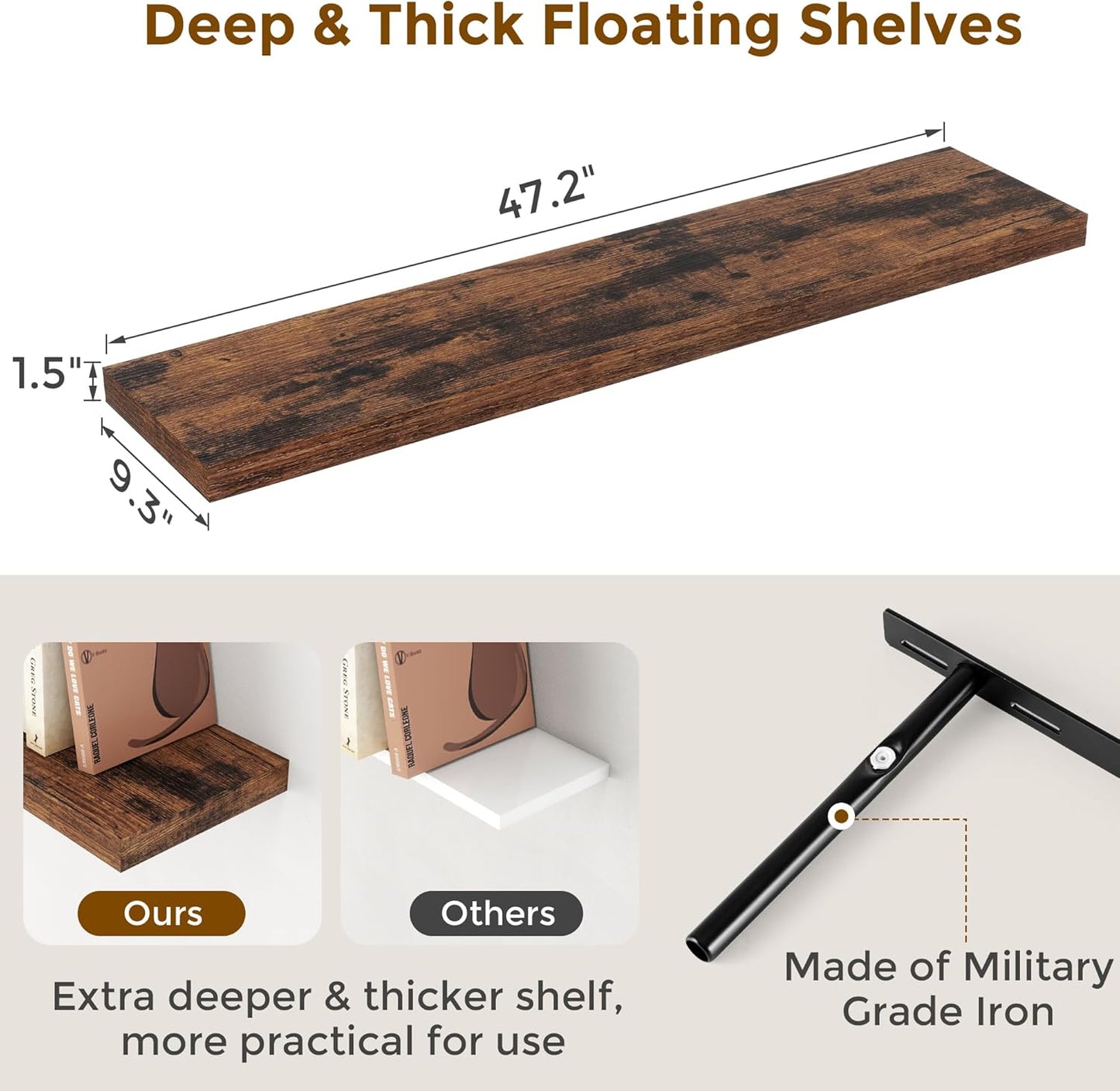 Floating Shelves 48 Inch Long, 48"W x 9"D Wall Shelf Invisible Bracket, 9 Inch Deep Floating Shelf for Wall, Rustic Wooden Shelves for Living Room, Kitchem, Bedroom, Rustic Brown Color, Set of 1