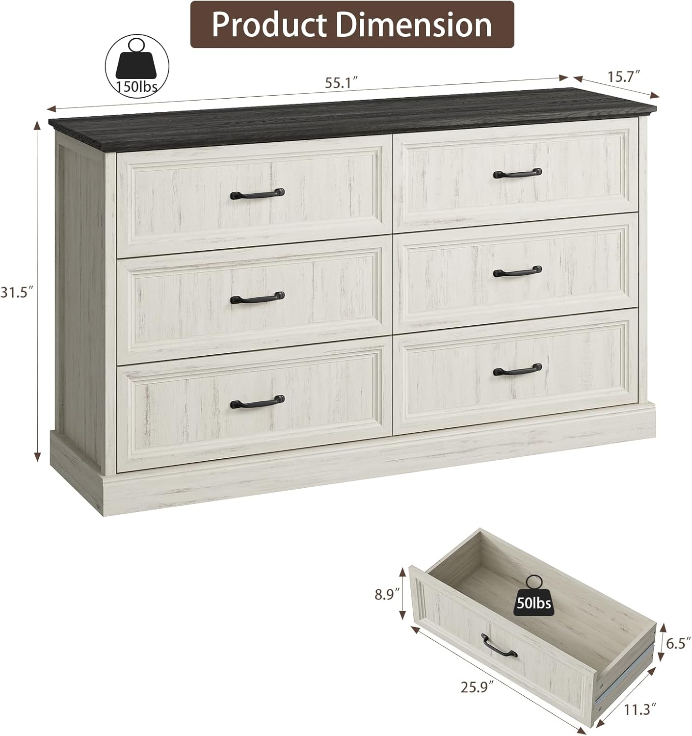 Farmhouse 6 Drawer Dresser for Bedroom, 55 Inch Wide Modern White Dresser TV Stand with Large Drawers & Bar Handles, Rustic Wood Chest of Drawers for Bedroom, Living Room, Hallway, Entryway.