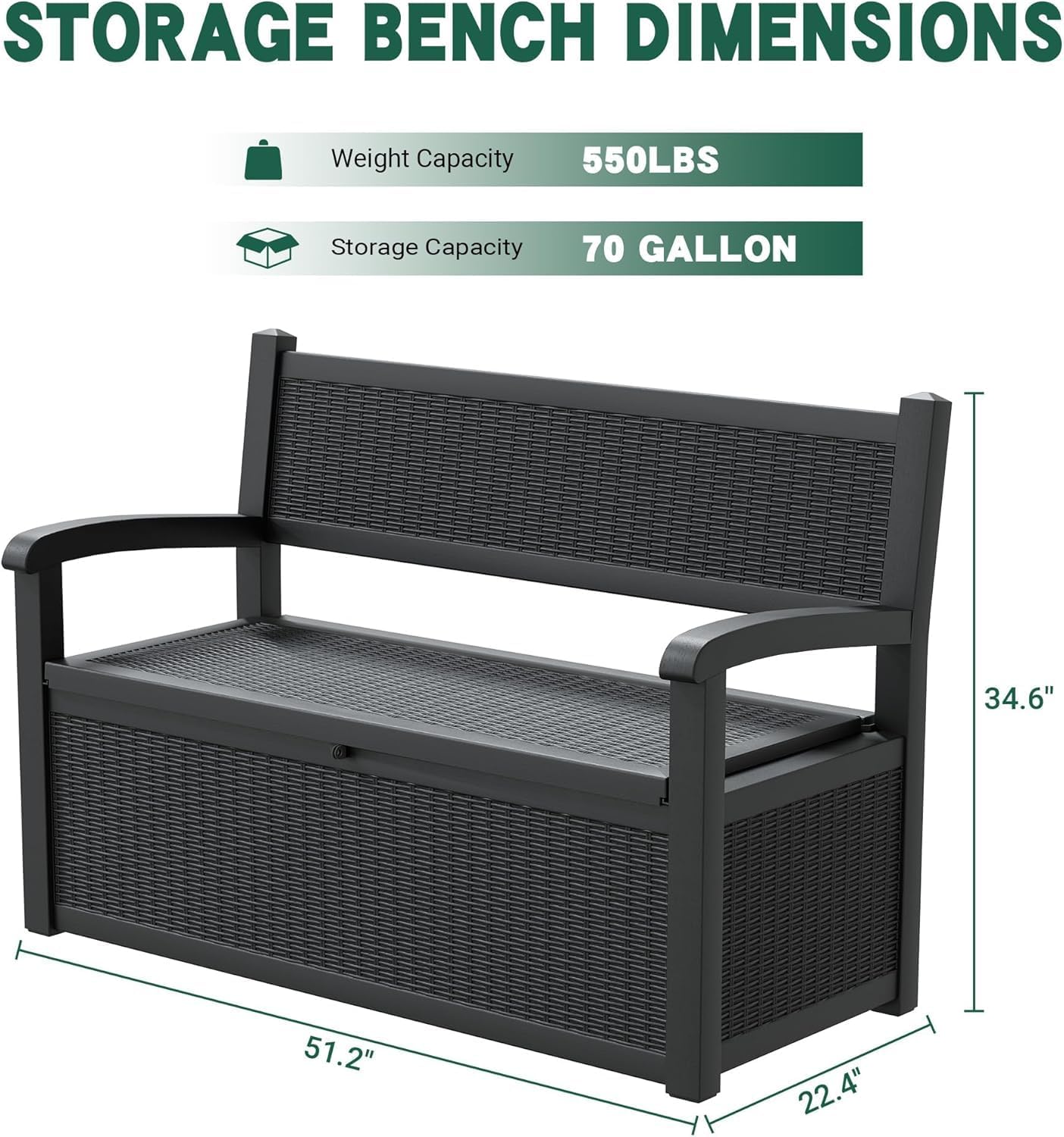 70 Gallon Lockable Outdoor Storage Bench Waterproof, Deck Box Bench for Patio, Porch, Garden, Poolside, Stores Tools & Pool Supplies, Heavy-Duty Outdoor Bench with Storage, Black