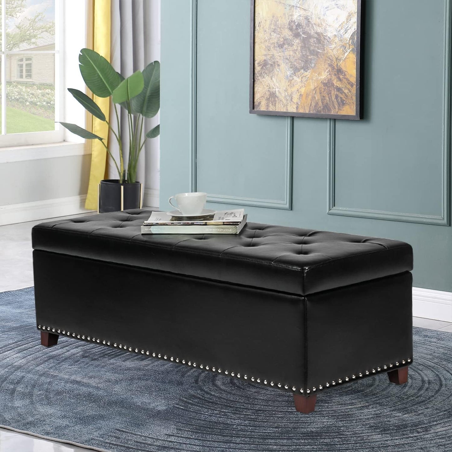 Joveco 47 Inch Storage Ottoman Bench,Tufted Leather Storage Bench with Nailhead Trim for Bedroom (47”,Black)