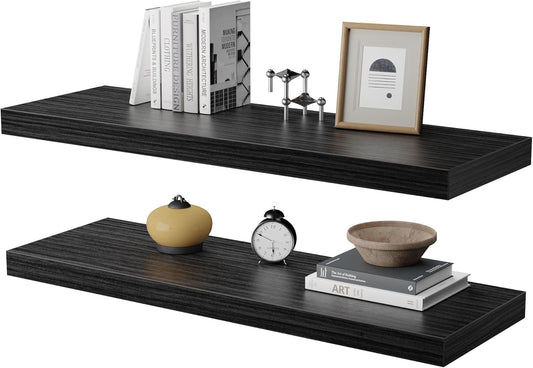 Large Floating Shelves for Wall Set of 2 Wooden Wall Shelves 24 in x 12.75 in x 2 in Room Decor Long Shelf with Invisible Wall Mount Bracket for Bedroom Kitchen Living Room Black Wood