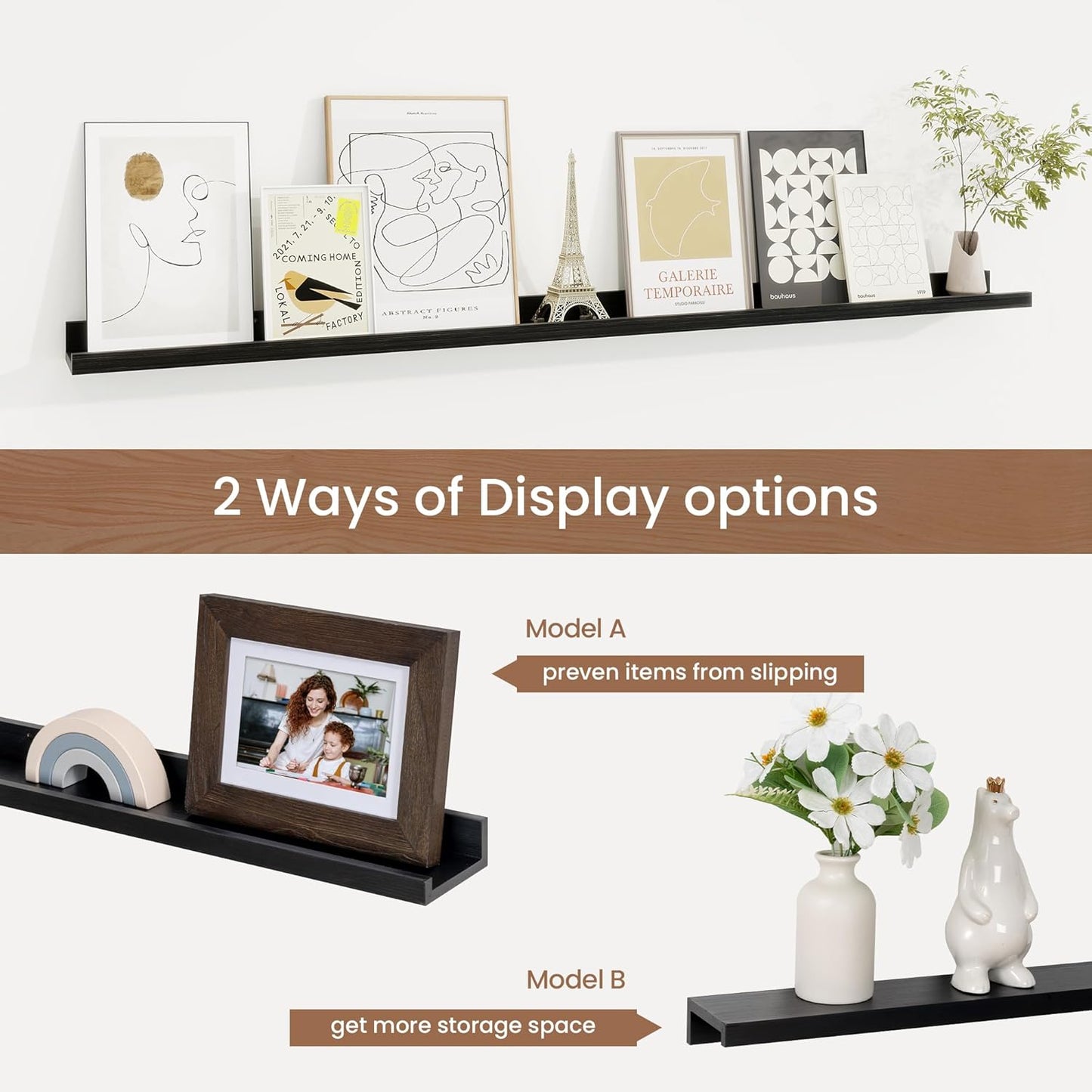 Picture Ledge Shelf, Solid Pine Wood Floating Shelves Set of 2, 48 Inches Nursery Book Shelves for Toys Storage, Kids Bookshelf Wall Mounted for Living Room Bedroom Decor Books Photo Frames, Black