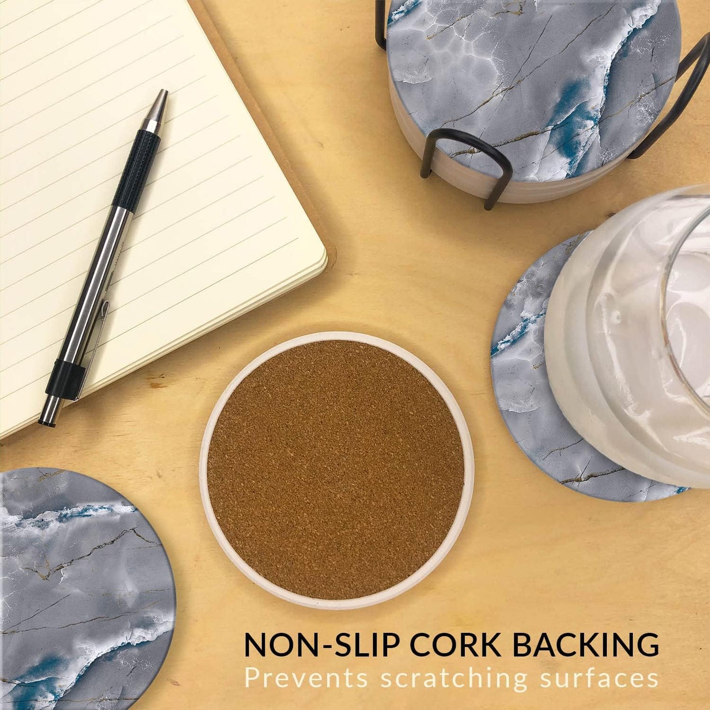 Emerson Coasters for Drinks Absorbent – Natural Stone Drink Coasters Set with Holder, Coasters for Coffee Table, Wooden Tabletop Protection Marble Style – 100% Heavy Duty Set of 6 (Graphite)