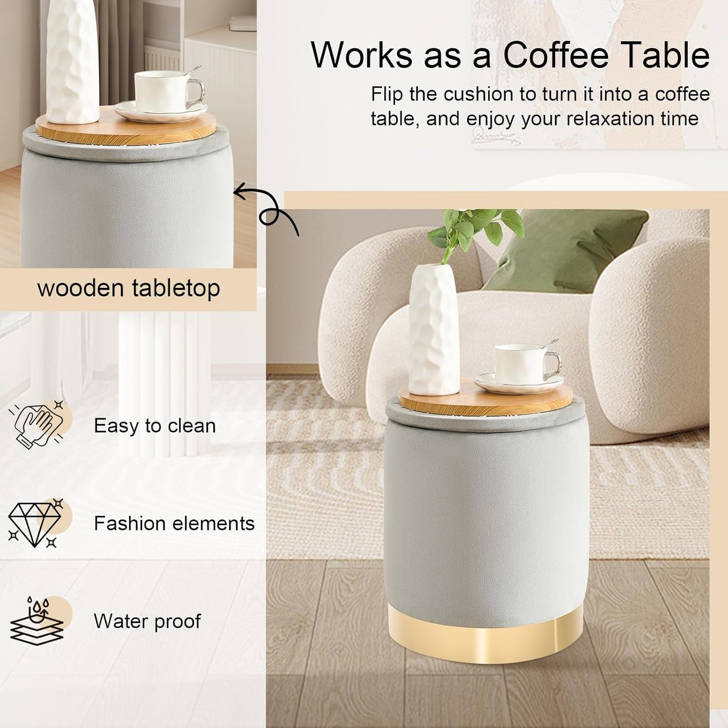 Round Ottoman with Storage Set of 2, Upholstered Velvet Storage Ottomans, Vanity Stool, Multifunctional Ottomans, Coffee Table Foot Rest Ottoman for Living Room Bedroom, Light Grey