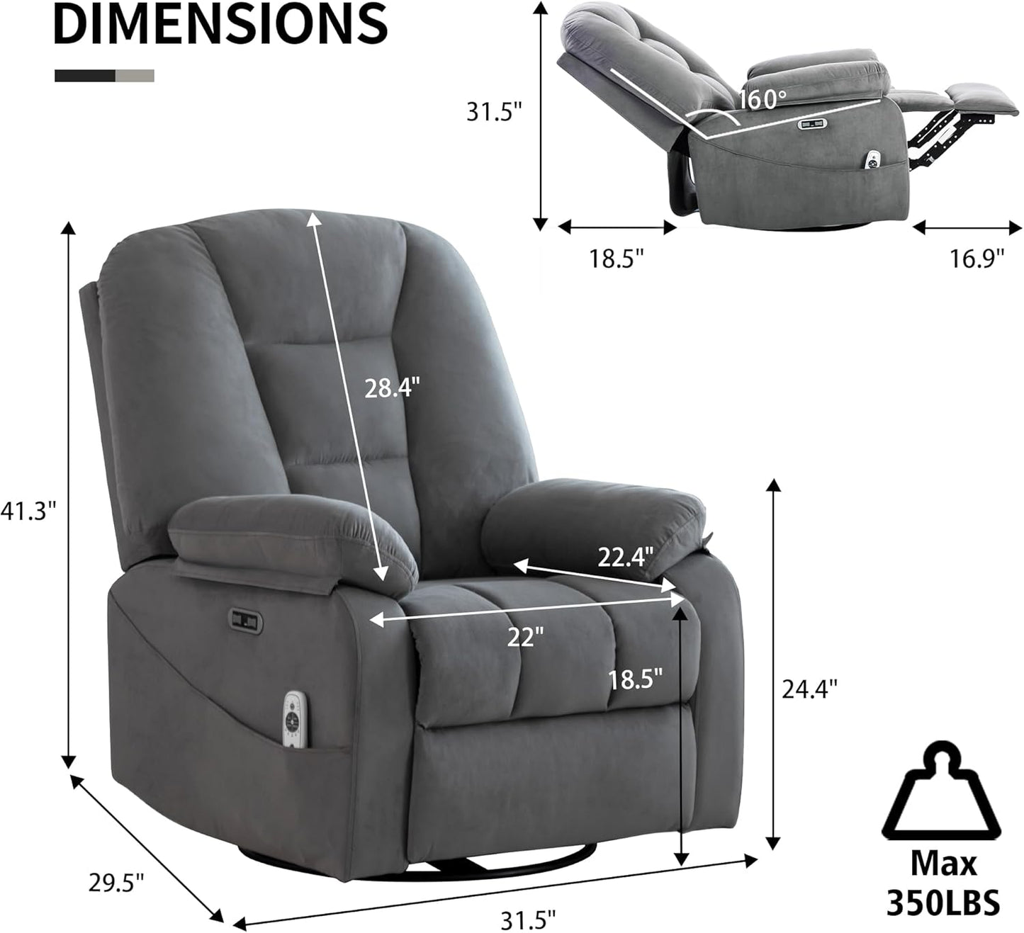 Power Swivel Rocker Recliner Chair for Adults,Rocking Recliners Chairs with Massage and Heat for Living Room, Electric Fabric Reclining Sofa Chair with USB and Type-C Port (Gray)