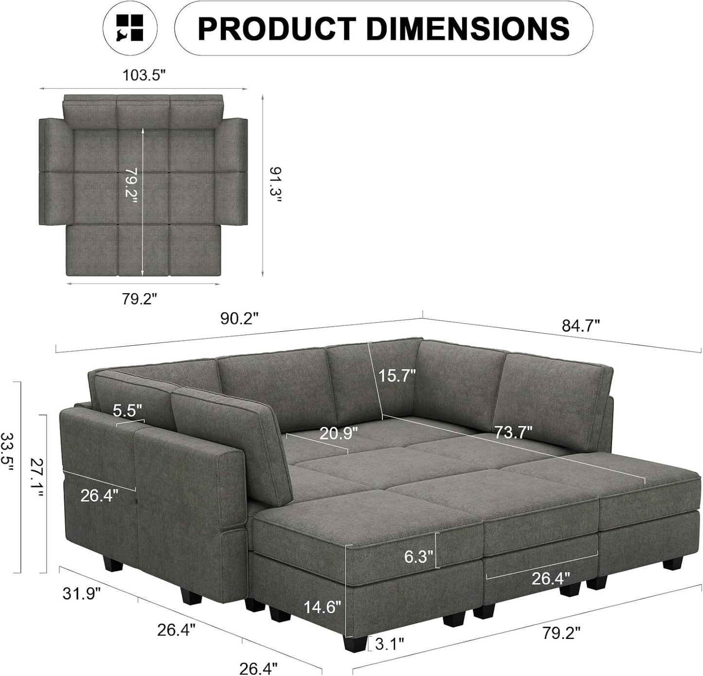 Belffin Modular Sectional Sleeper Sofa Couch with Storage Ottoman Convertible Sectional Couches for Living Room Terry Reversible Chaise. Light Grey Sofa