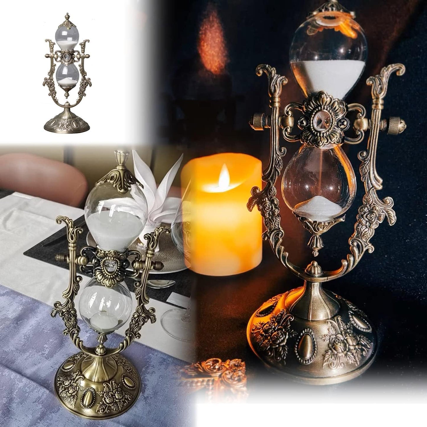 Sanduhr 15 Minuten,Hour Glass,Metal Vintage Hourglass,Hourglass Decor, Hourglass with Sand Embossed Metal Hour Glass Timer,for Home Desk Office Weddin Kitchen Timer (White Sand)