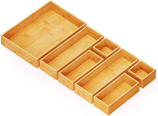 SpaceAid 7-Piece Bamboo Drawer Organizer Storage Boxes Set, Wood Tray Junk Drawer Organizers Multi-Use Divider Bins for Kitchen, Bathroom, Office Desk and Makeup Organization (7 Pack, Natural)