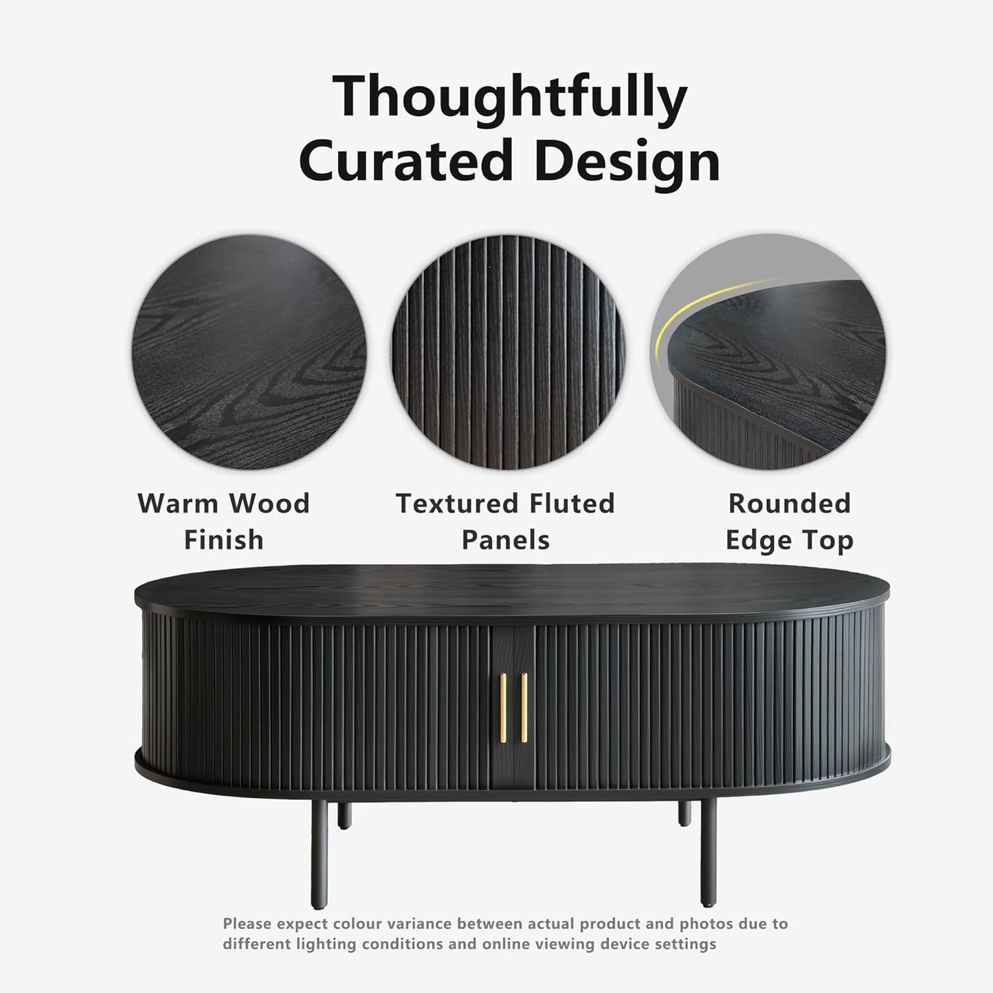 Modern Coffee Table with Storage, 47.2" Oval Fluted Coffee Table with Sliding Doors, Minimalist Tea Table with Wood Grain Veneer, Mid Century Center Tables for Living Room, Apartment, Black