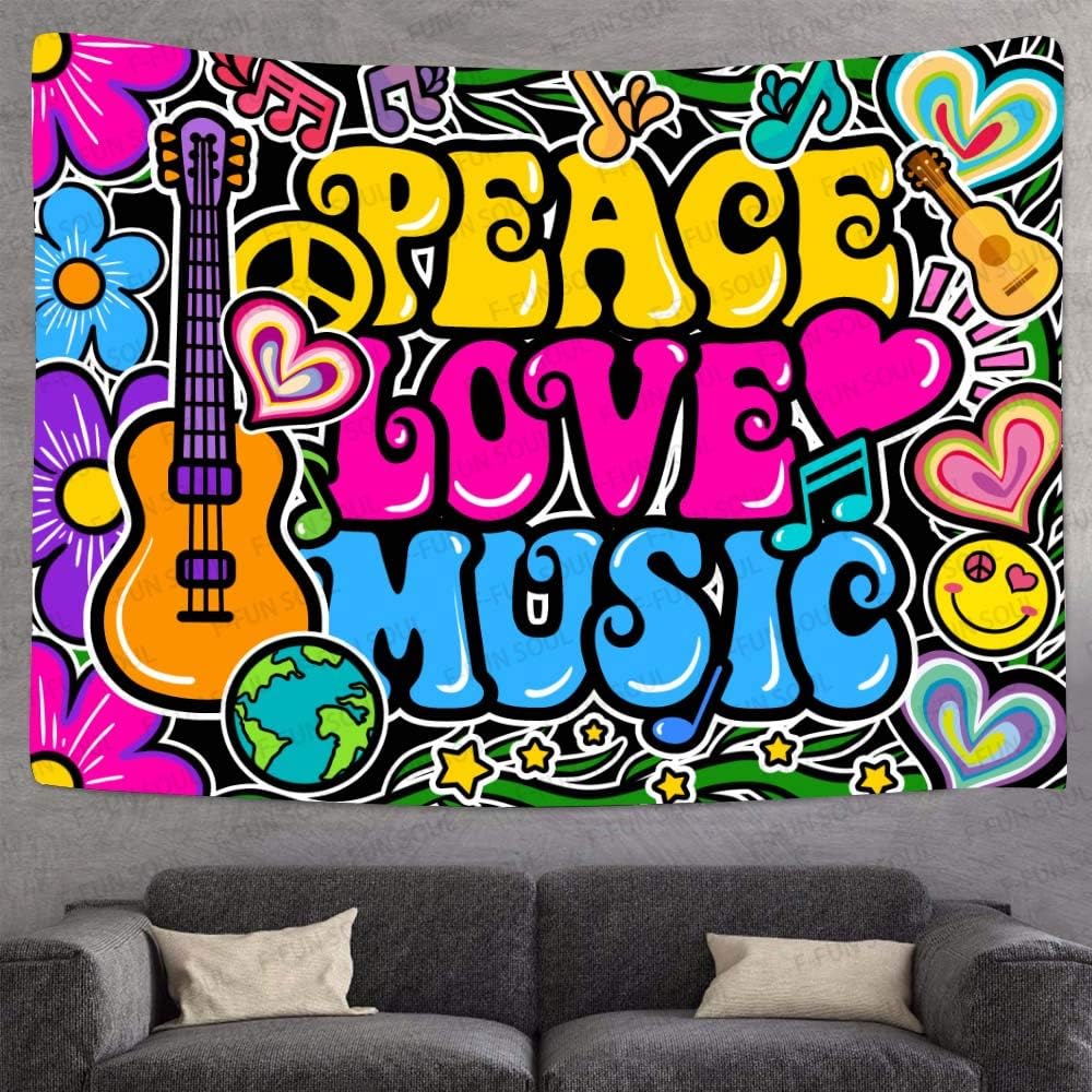 F-FUN SOUL Peace Love and Music Tapestry, 90x84inches Soft Flannel, Guitar Symbol Dove Flowers Psychedelic Art Tapestries Wall Hanging for Bedroom Living Room Decor Banner GTZYFS1204