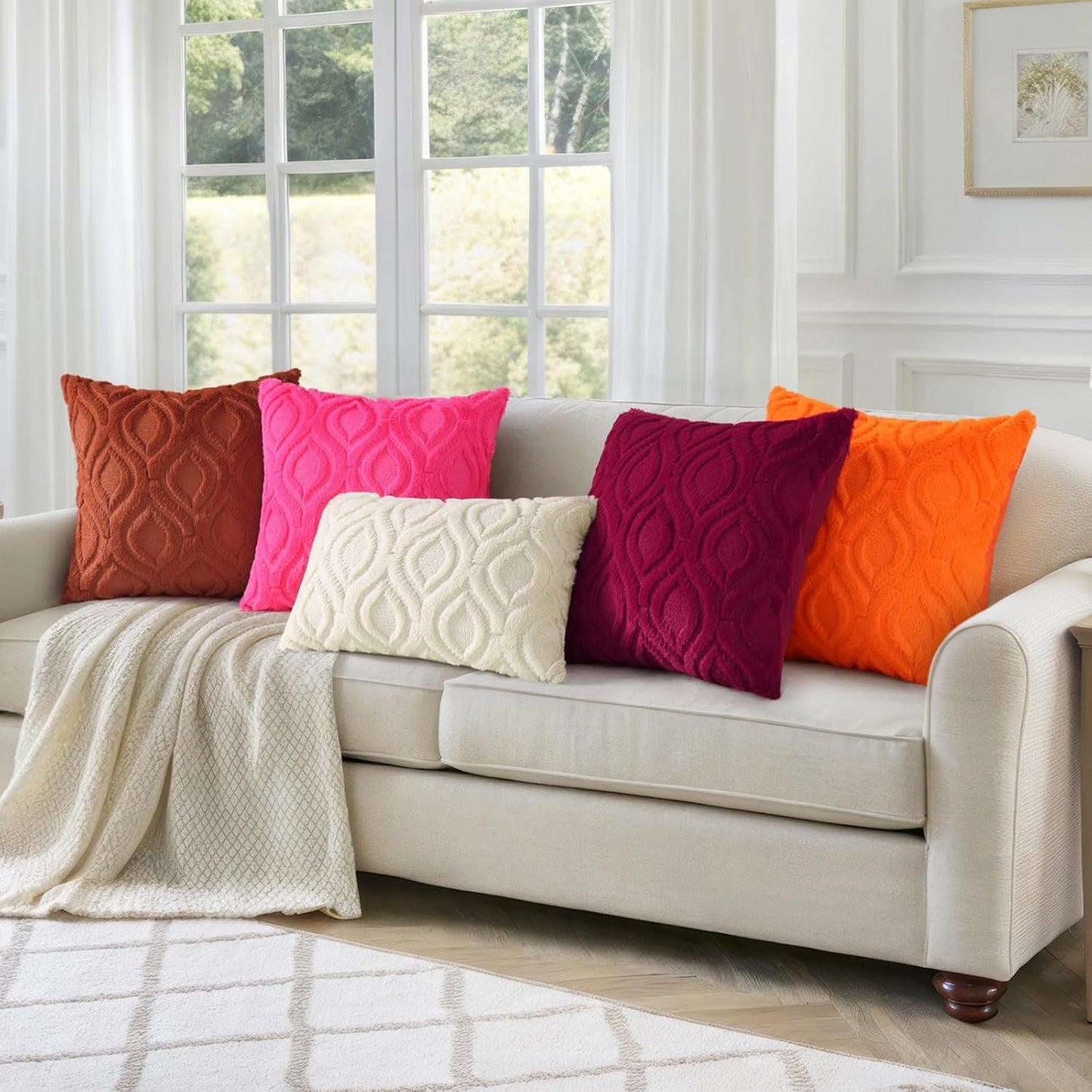 decorUhome Fall Throw Pillow Covers 26x26 Inch Set of 2, Soft Plush Decorative Faux Fur Hot Pink Solid Couch Pillow Covers, Accent Farmhouse Neutral Square Euro Pillow Cases for Sofa Bed Living Room