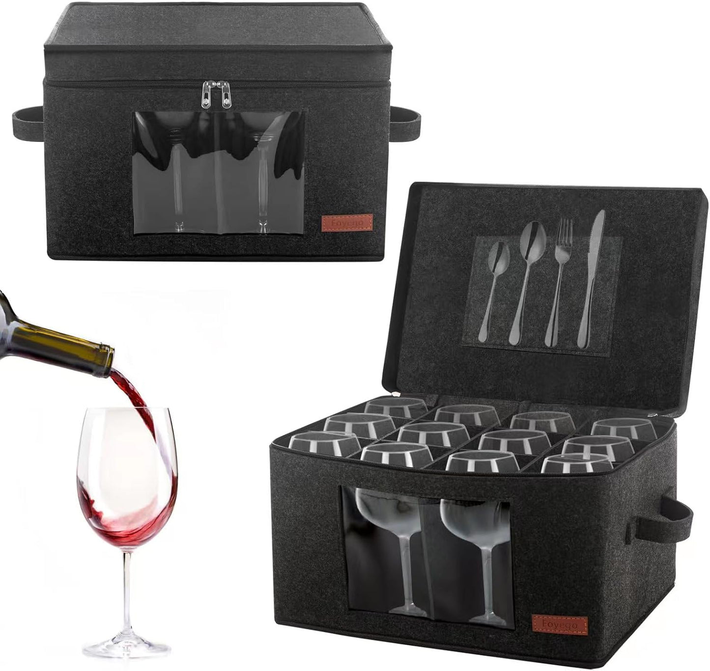 2 Pack Wine Glass Storage Box with Dividers, Stemware Storage Containers for Packing and Moving, China Storage Containers Box for 12 Crystal Glassware, Wine Glasses, Drinkware,Dark Gray