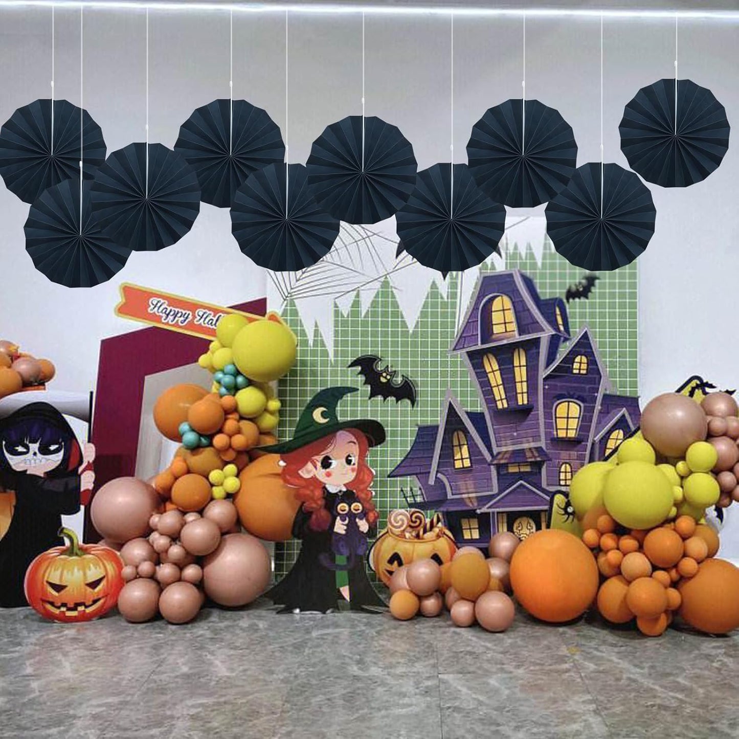 Black Party Decorations,Halloween Decor Events Accessories,Black Birthday Decorations,Anniversary Decorations for Party,Birthday Decorations for Men 8in Hanging Paper Fans 30 Color DIY Set(Black)
