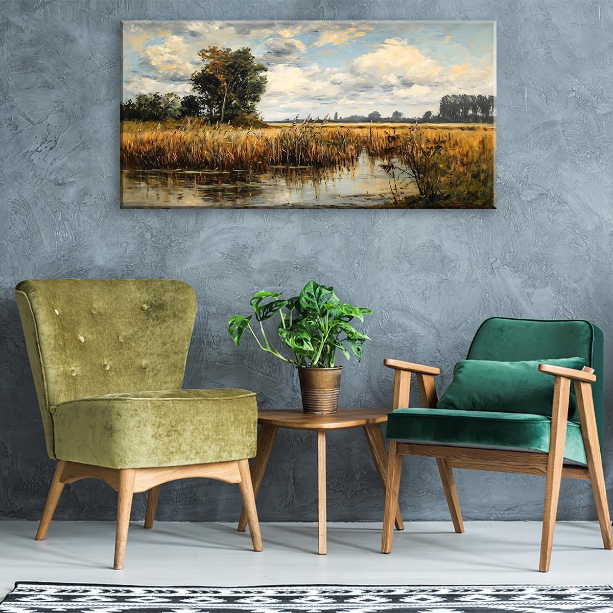 LASMOND Beautiful Wilderness Meadow Canvas Wall Art Oil Painting Reproduction Print Vintage Wildflower Field Scenery Countryside Landscape Tree Rustic Retro Decor Artwork Country Farmhouse Living Room 24x48 Inches