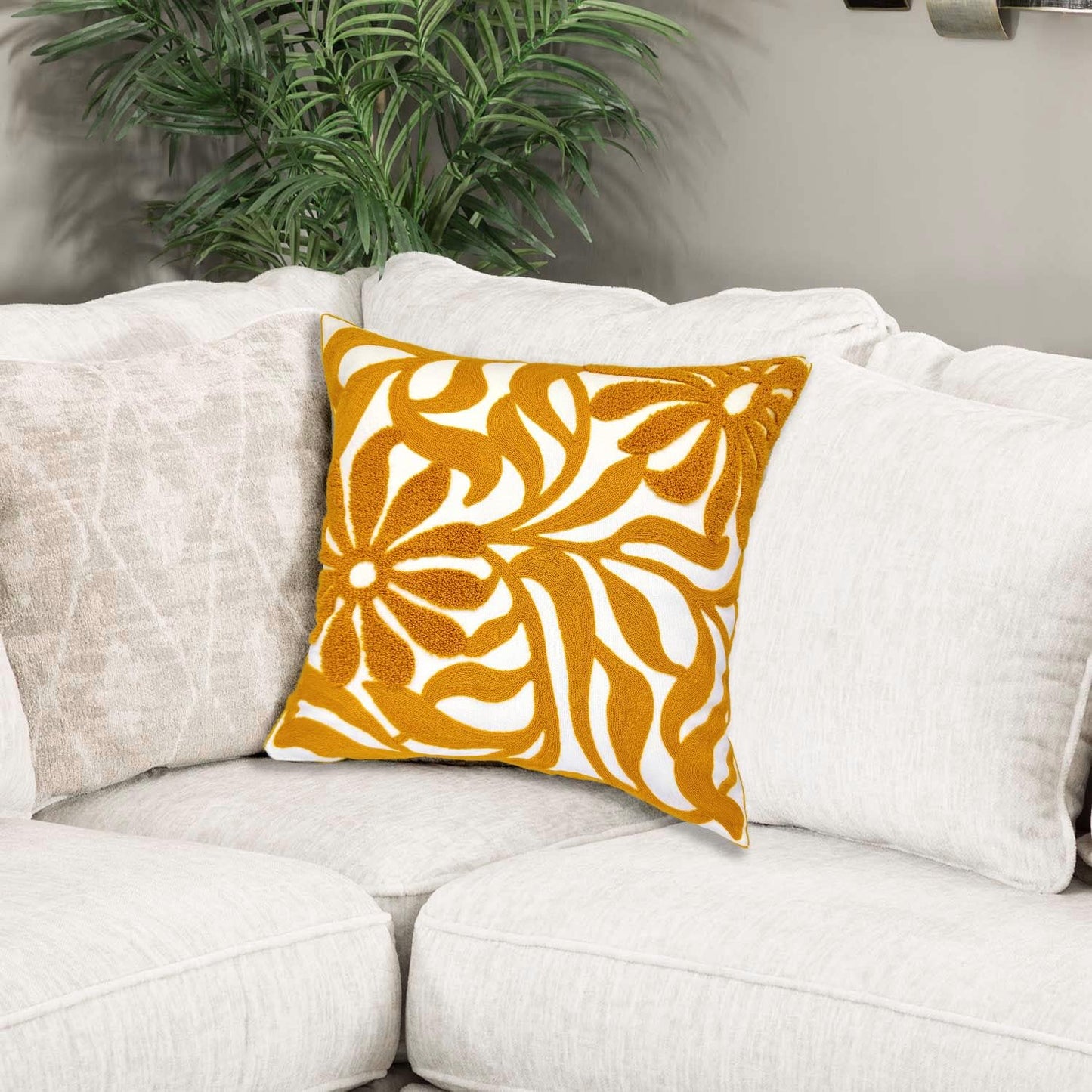 Alysheer Farmhouse Floral Leaves Embroidered Decorative Throw Pillow Cover 18x18 inches, Boho Tufted Flowers Embroidery Pattern Chic Cotton Cushion Case for Couch Bed Sofa Living Room(Mustard Yellow)