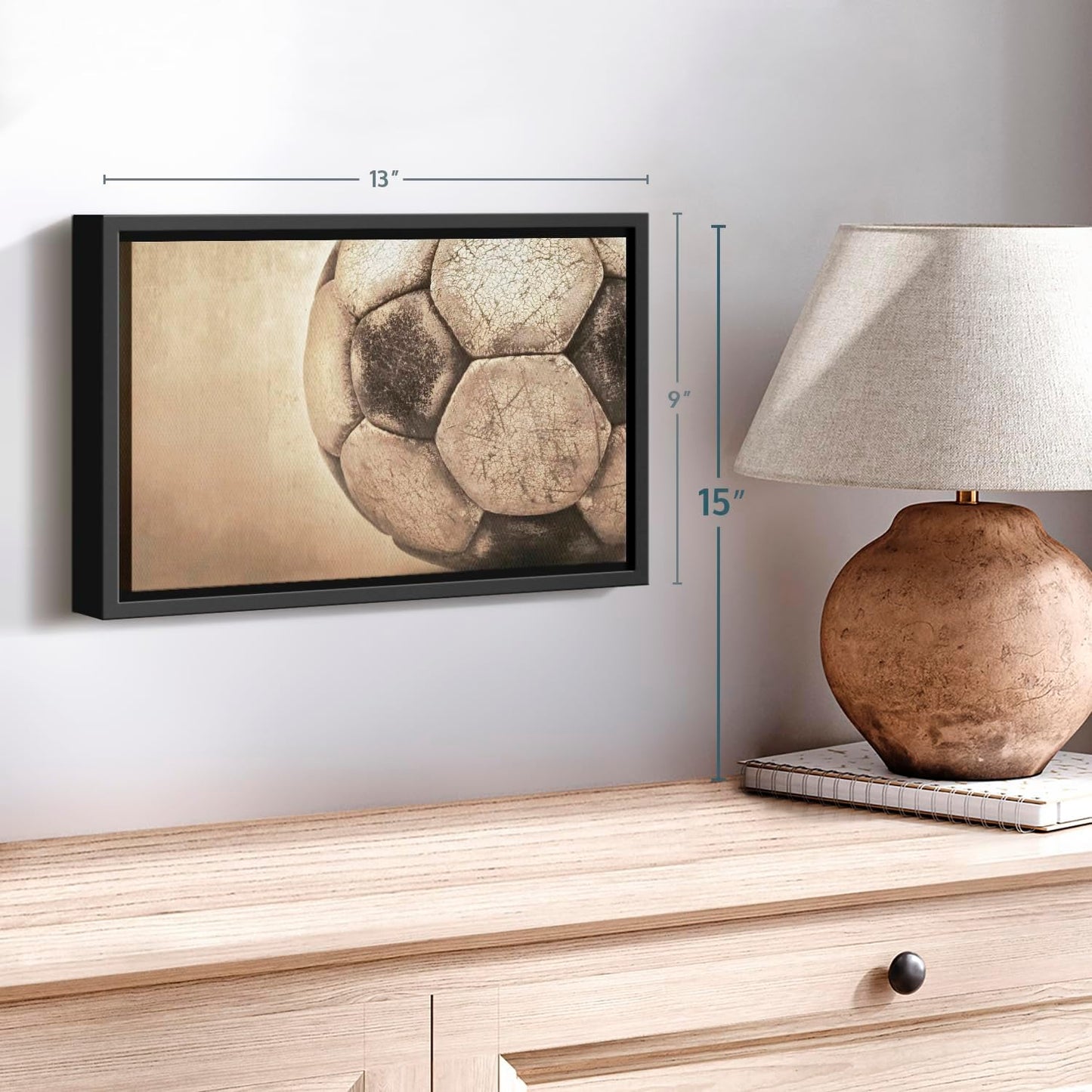 Elephant Stock Worn Soccer Ball Wall Art - Horizontal Framed Canvas - 1-Piece Living Room Wall Decor - Photography sports Canvas Print - Brown and Gray Decor for Wall - 13" X 9"