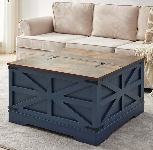 Blue Coffee Table with Storage, Cocktail Table with Hinged Lift Top, Farmhouse Square Wood Center Table with Large Hidden Storage Compartment for Living Room, Square Coffee Table, Metal Edges Decor