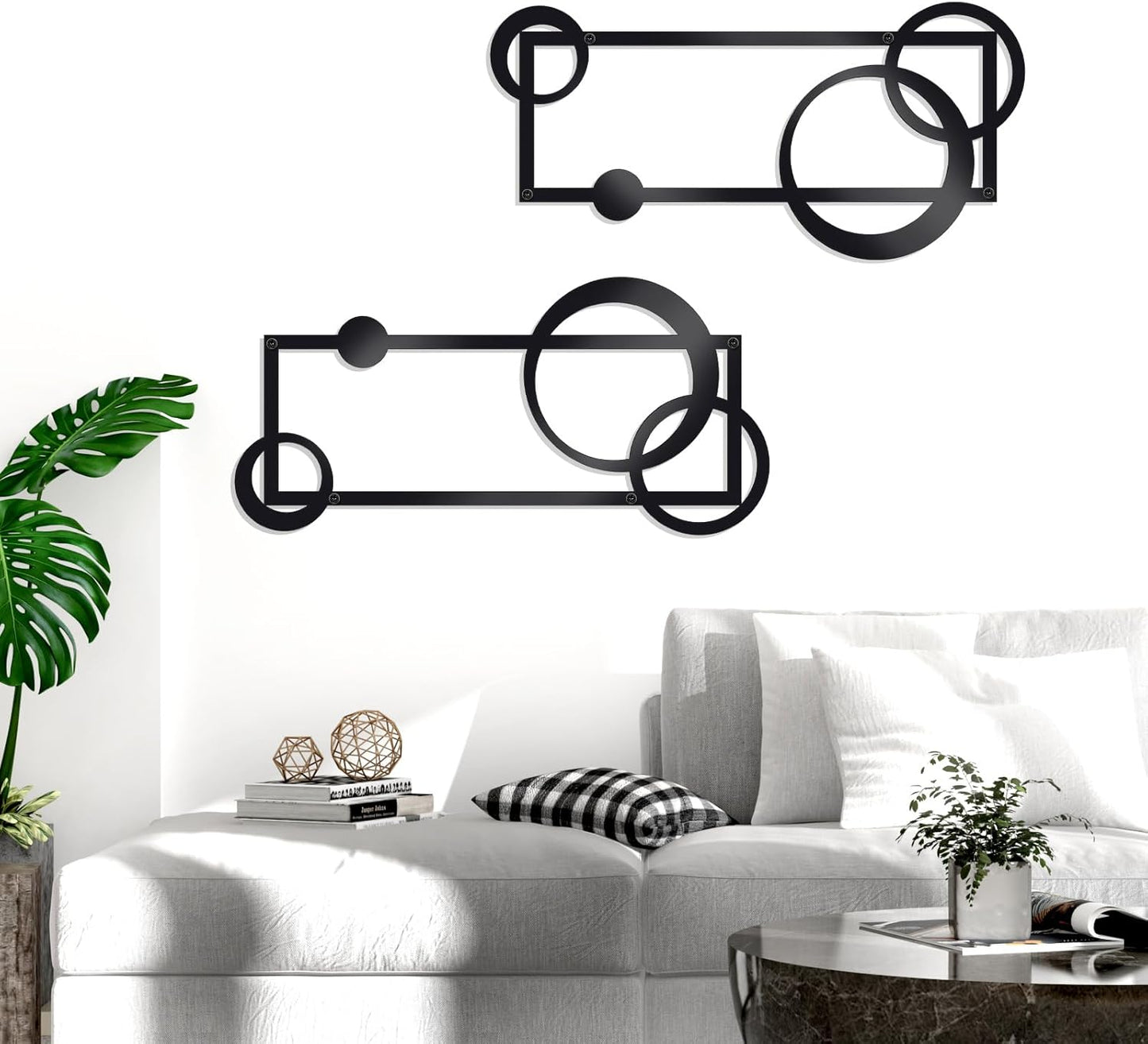 OYEFLY 2 Pcs Metal Abstract Wall Art,Modern Geometric Decor (Black, style 2)