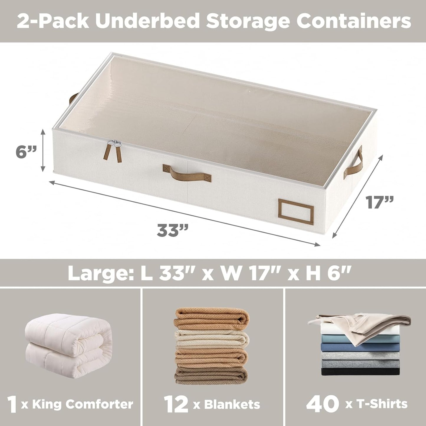 Under Bed Storage Containers, 2-Pack Underbed Storage Box, Collapsible Clothes Storage Bins with Handles and Lid, Large Under Bed Organizers for Shoe, Blanket, Toy, Pillow, Sheet, Beige