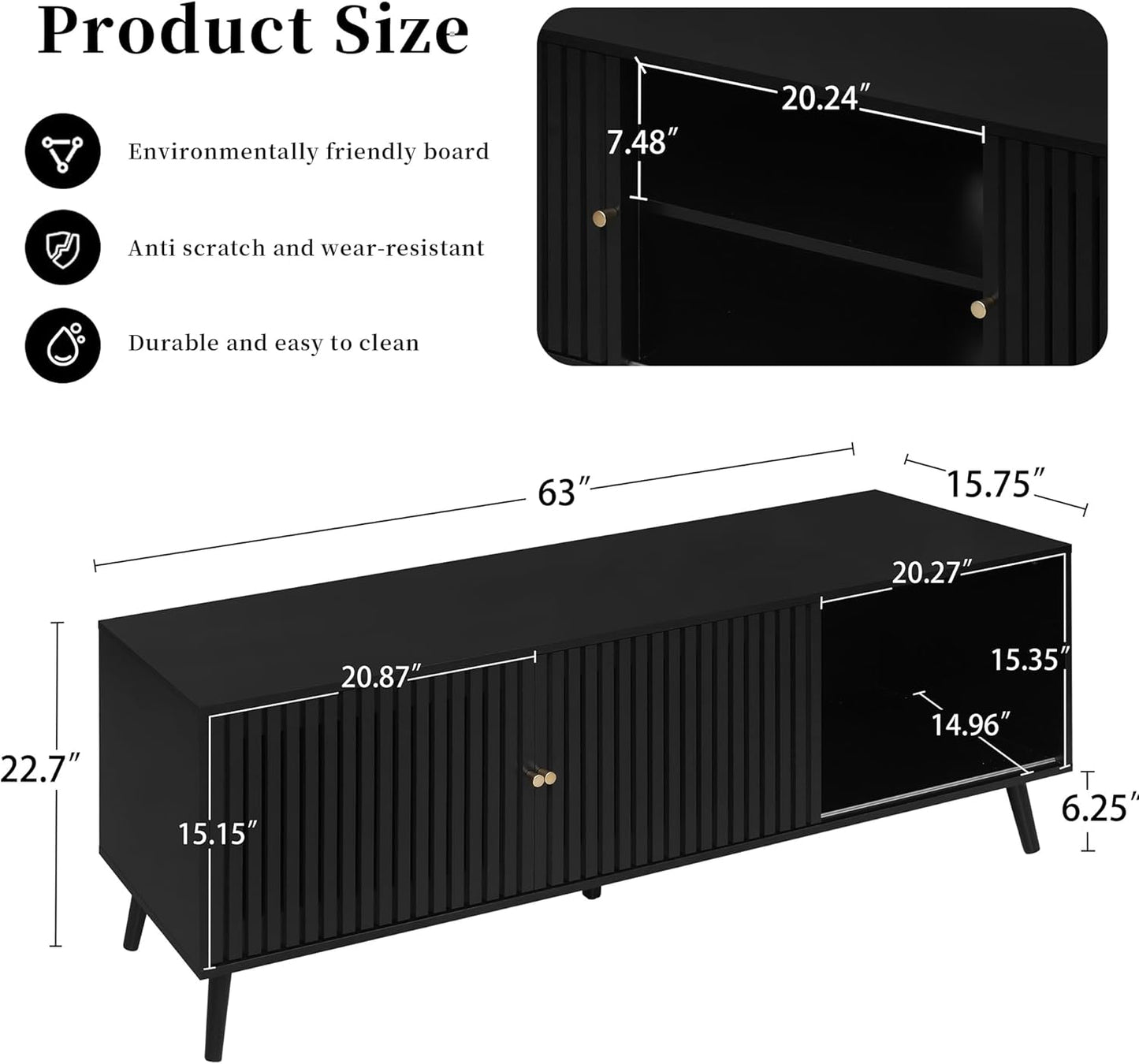Mid Century Modern TV Stand for Televisions up to 70 Inches, with Sliding Doors and Storage, Television Stands, TV Consoles, Media Consoles for Living Room, 63 Inch (Black)
