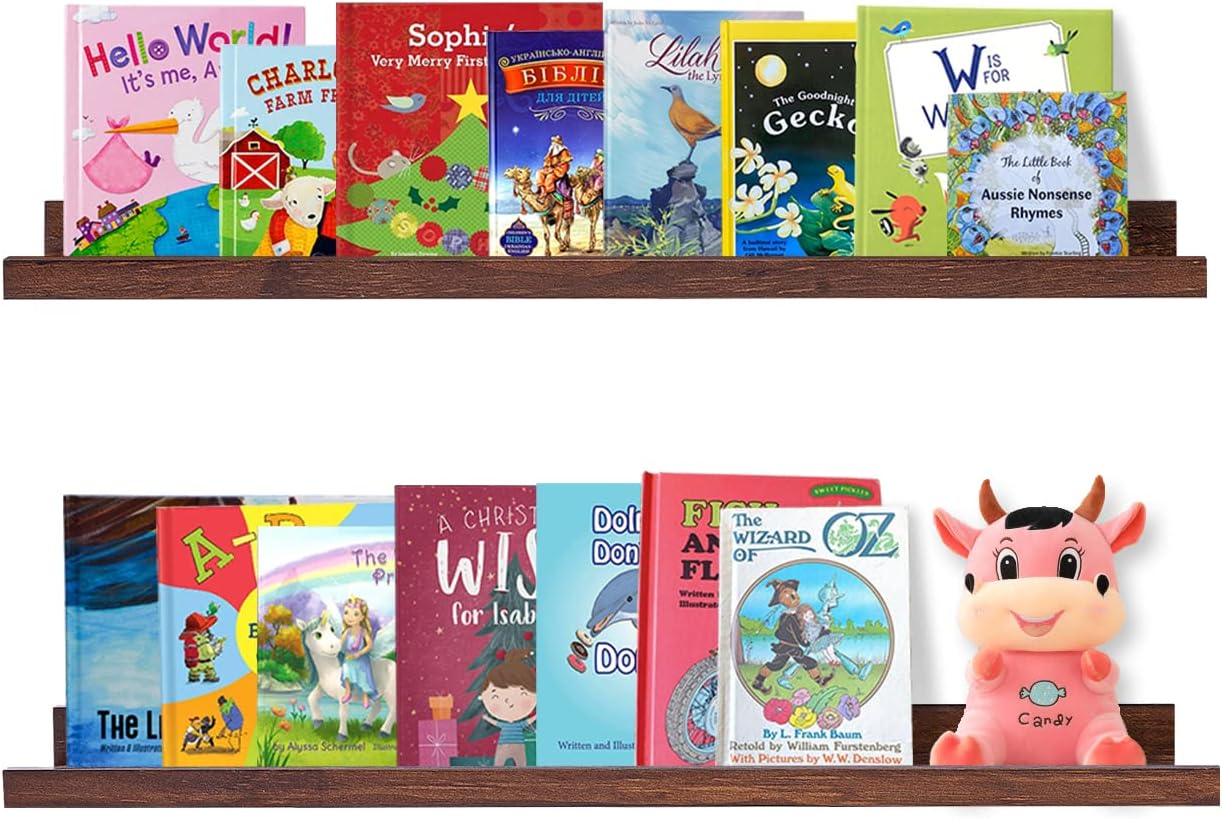 AZSKY Floating Picture Ledge 36 Inch Wall Mount Floating Shelves Long Wood Floating Book Shelves for Kids Room Wall Shelves for Bathroom Decor Deep Walnut Set of 2