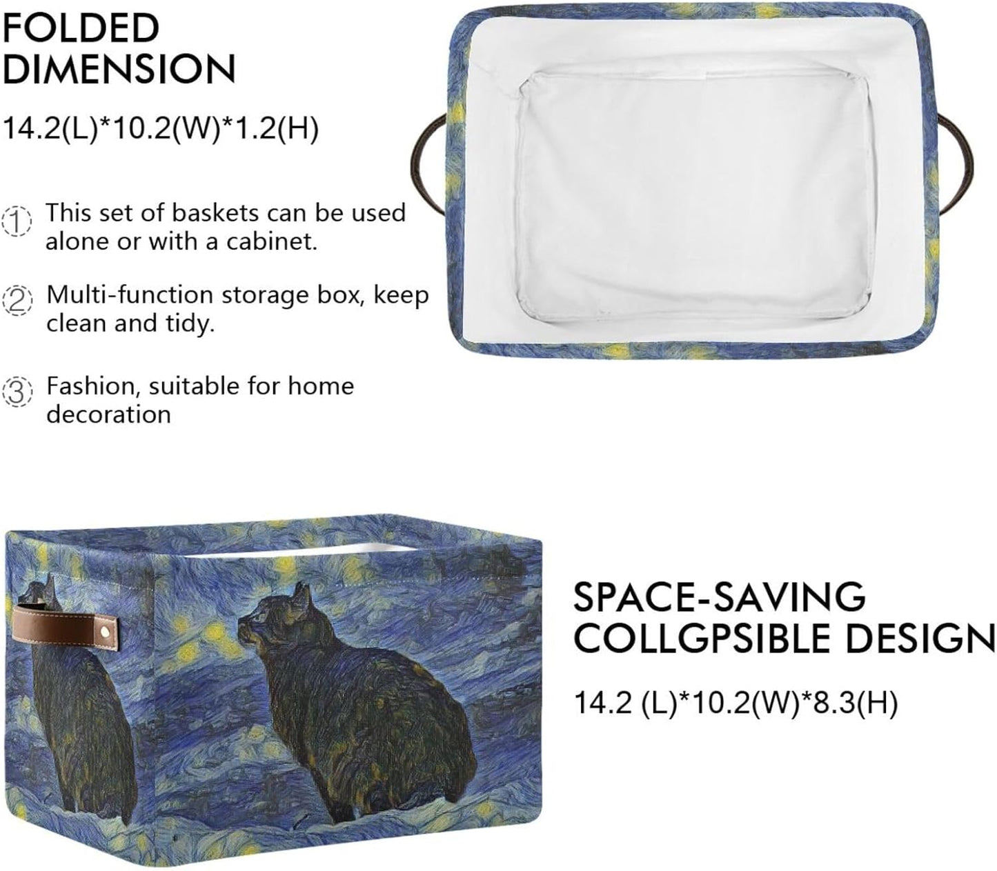 susiyo Storage Baskets for Shelves Organizer Baskets with Metal Frame Closet Storage Bins Fabric Bins Cubes with PU Handles for Organizing Shelf Nursery Toys 2 PACK,Black Cat