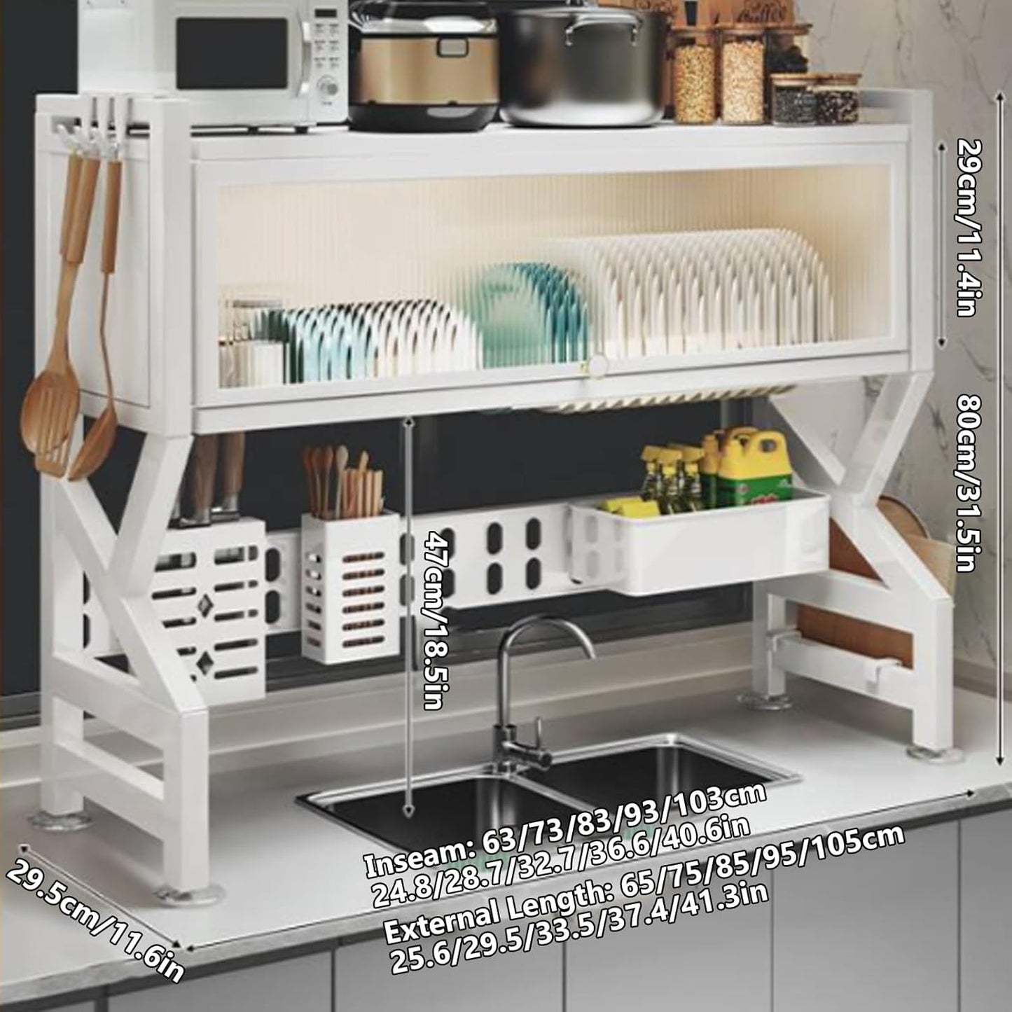 Kitchen sink rack dishwashing sink countertop dustproof cupboard storage multifunctional tableware storage drain rack double layer,KeepKitchen Sink Shlef Organized Space-Saving(Black,75cm/29.5in)