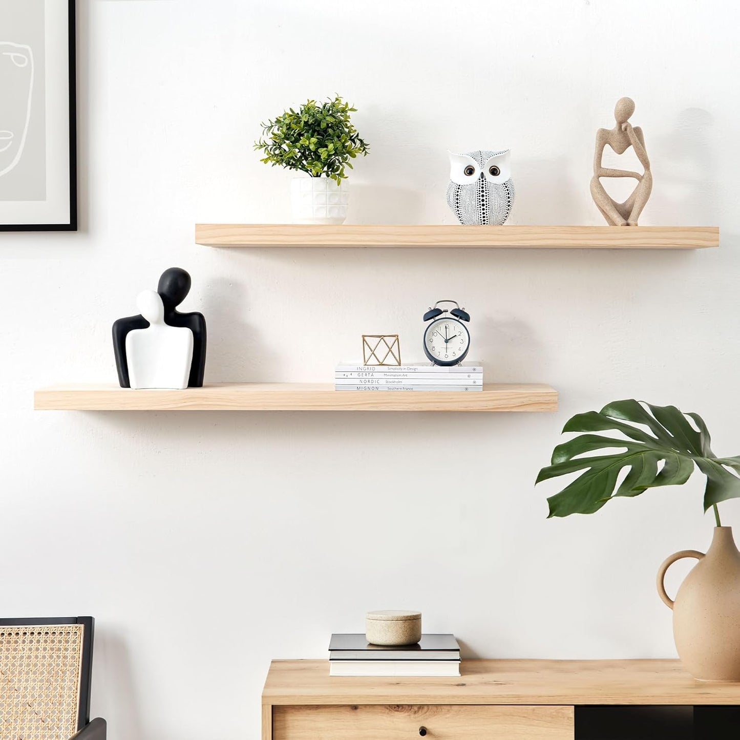 Fun Memories 36 Inch Floating Shelves for Wall, Deep Rustic Solid Pine Wood Wall Shelves for Storage - Farmhouse Wall Mounted with Heavy-Duty Metal Bracket, 36" W x 8" D, Set of 2,Unfinished