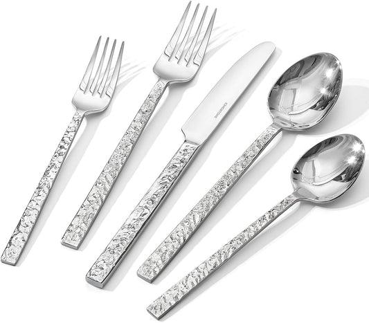 KINGSTONE 40 Pcs Hammered Silverware Set for 8, 18/10 Stainless Steel Heavy Duty Flatware Set, Tableware Cutlery Utensil Sets for Home Restaurant Dishwasher Safe