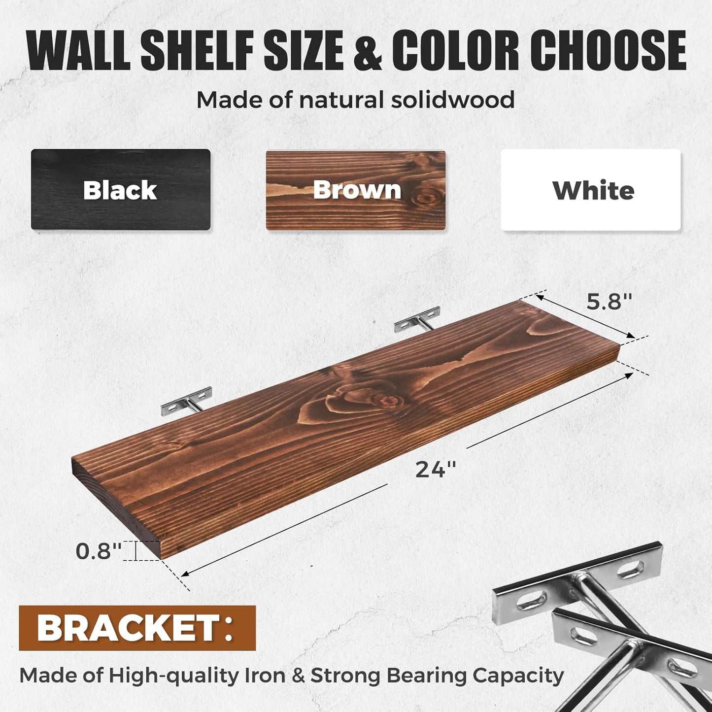 Floating Wall Shelves 3-Pack - 24-Inch Rustic Brown Wooden Shelves for Storage and Décor, Easy Installation for Living Room, Bedroom, and Kitchen