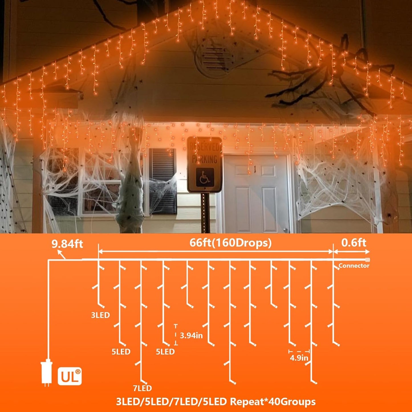 YEGUO 66ft 800 LED Orange Halloween Lights, Connetable Icicle Light Outdoor Waterproof, 8 Modes Christmas Lights Indoor Plug in for Thanksgiving House Patio Fall