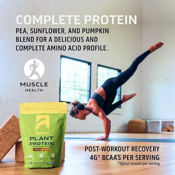Ascent Plant Based Protein Powder - Non Dairy Vegan Protein, Zero Artificial Ingredients, Soy & Gluten Free, No Added Sugar, 4g BCAA, 2g Leucine - Vanilla, 20 Servings