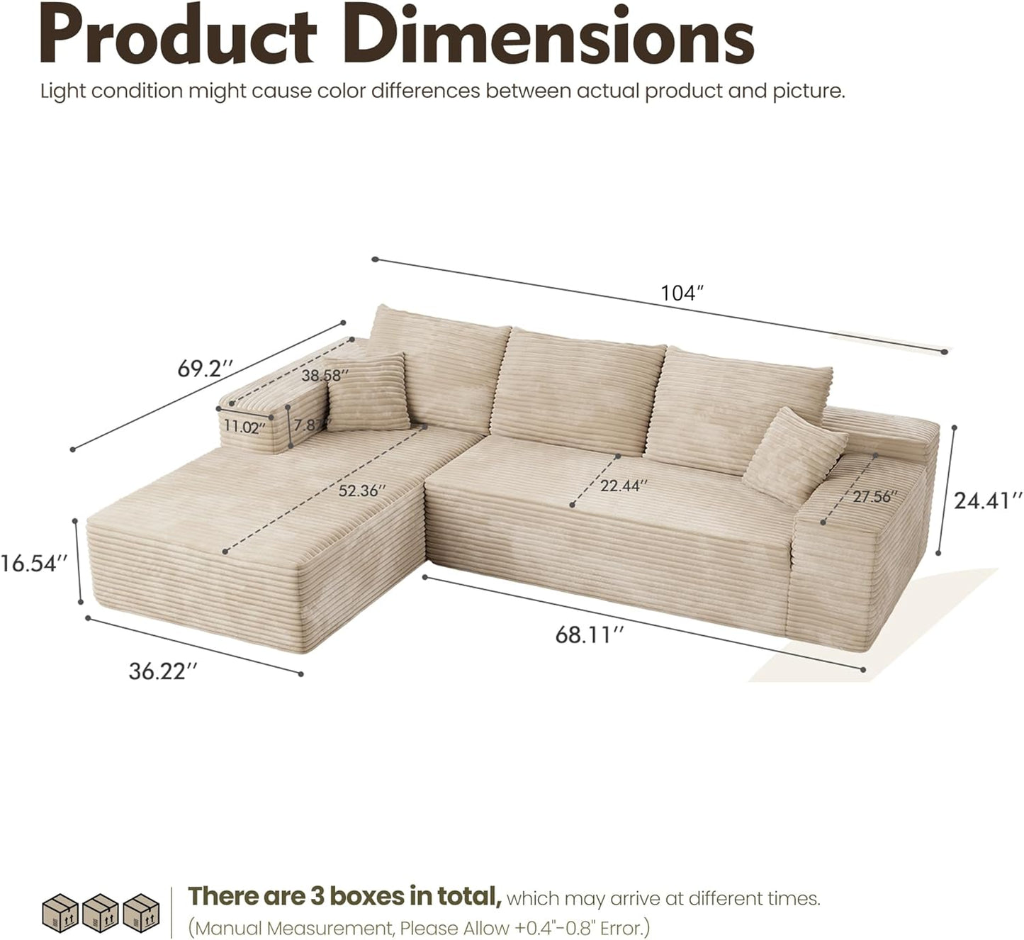 HOOOWOOO Cloud Sectional Couches for Living Room,Modular Sectional Sofa No Assembly,Plush Corduroy Large Floor Couch Furniture Set with Deep Seat Left Chaise L Shape(Beige)