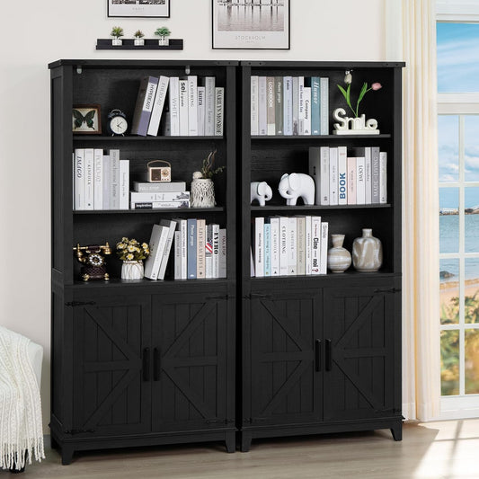 70in Tall Bookshelf 5 Tier Bookcase with Barn Doors and Adjustable Shelves, Black Farmhouse Book Shelf with Storage Cabinet, Wood Freestanding Display Bookshelves for Bedroom, Kitchen (2PCS)