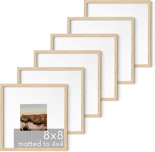 HAUS AND HUES Solid Oak Wood 8”x8” Picture Frames Matted to 4”x4” Set of 6-8x8 Standard Square Picture Frames, Photo Gallery Wall Frame Set, Beige 8x8 Picture Frames Matted (Beige Oak Frames)