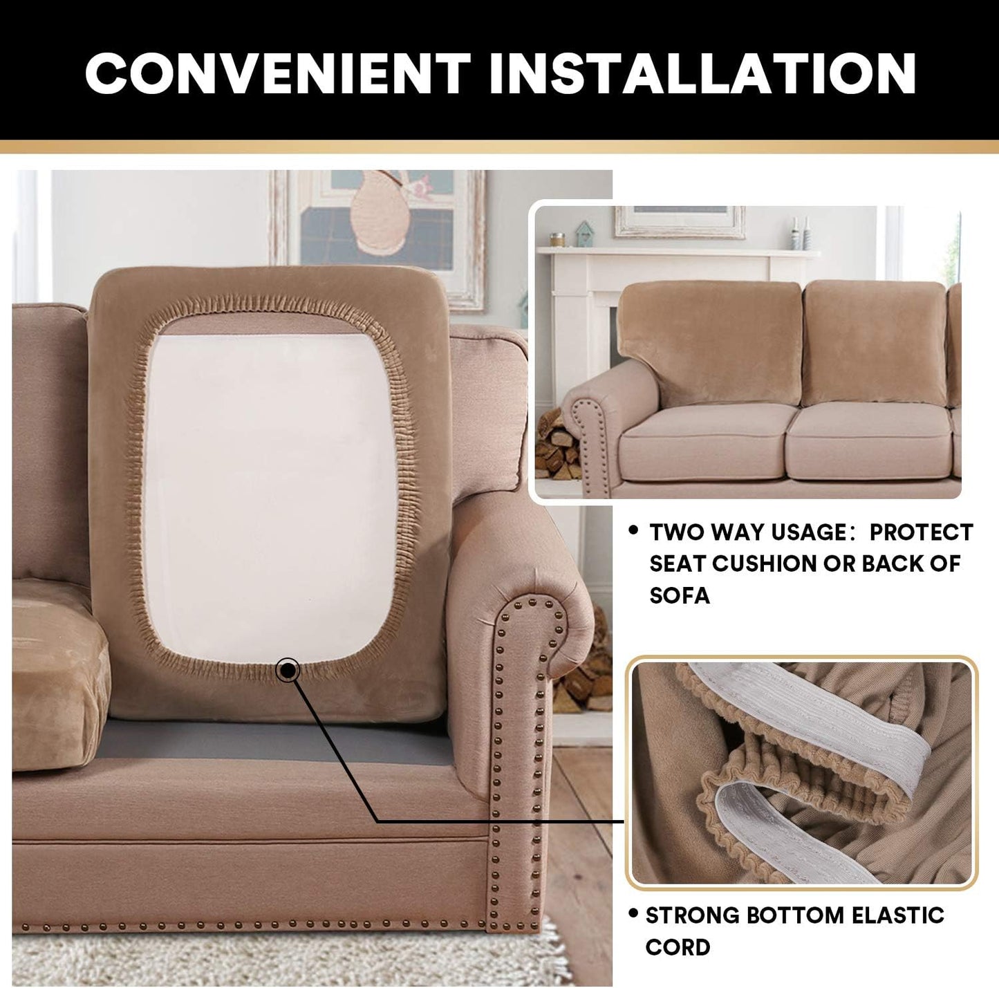 PrinceDeco Super Soft Couch Cushion Covers for Sectional Couch, Velvet Sofa Slipcover for Cushion Sofa pet Friendly with Elastic Bottom(Each Width Up to 29.5", Camel)