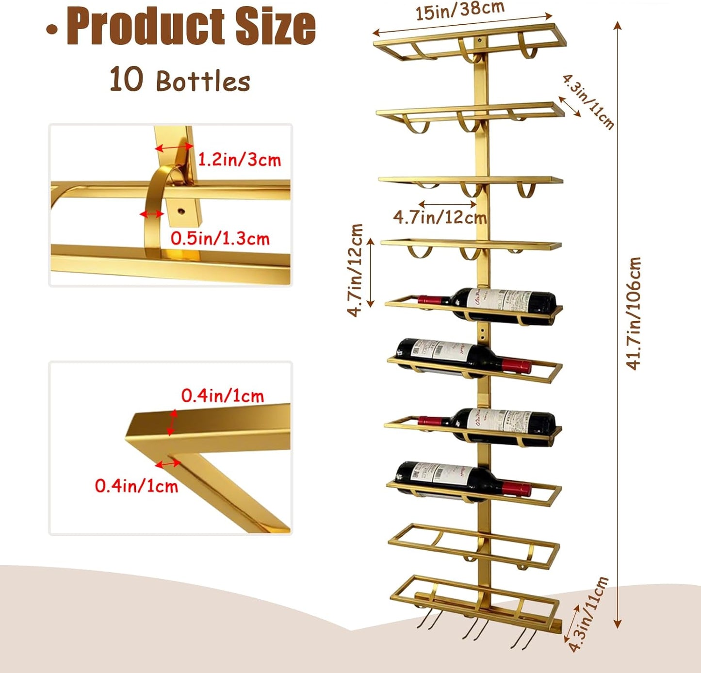20 Bottle Wall Mount Wine Rack with Wine Glass Holder, Metal Wine Wall Rack, Wall Racks for Wine Bottles Display and Storage, Hanging Bottle Organizer for Living Dining Room Wine Cellar Bar (Gold)