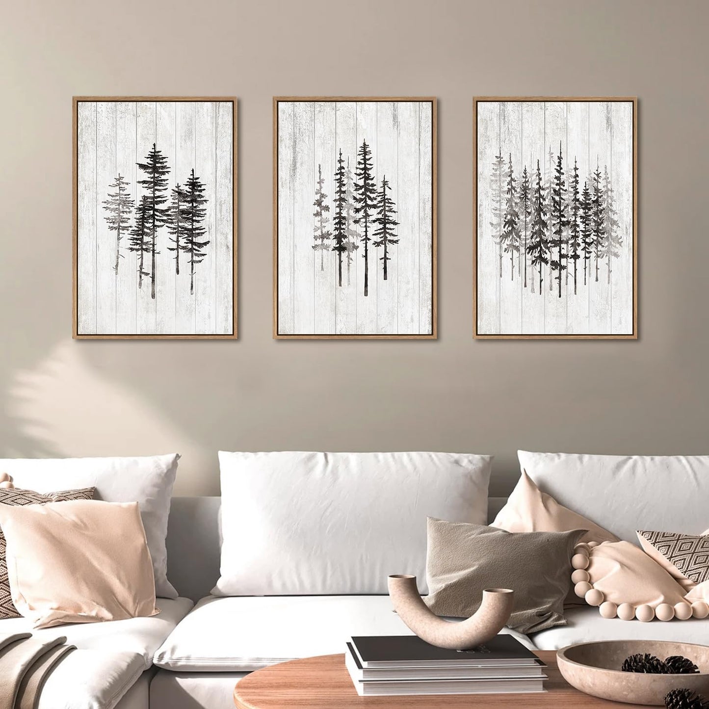 HPINUB Woodcut Style Pine Tree Framed Canvas Wall Art Set, Minimalist Modern Black and White Forest Wall Decor, Rustic Minimalist Canvas Painting for Living Room,Bedroom,Office Decor-16 x24 x3