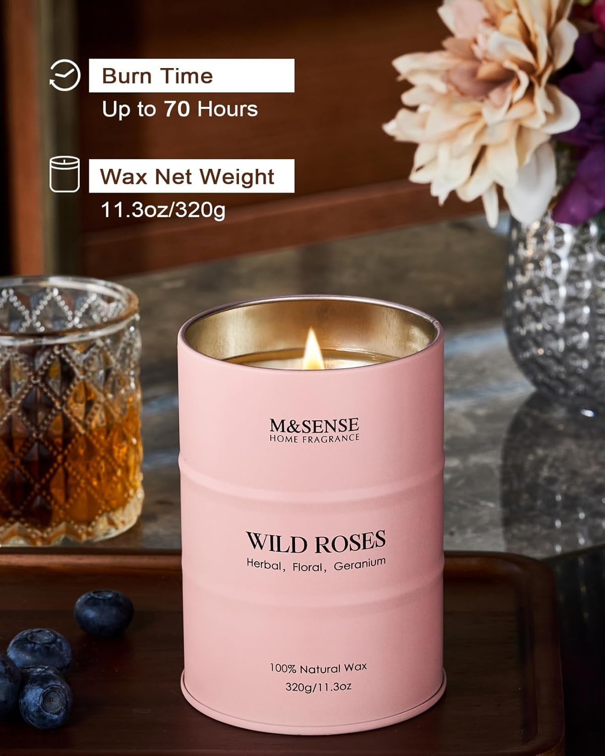 M&SENSE Wild Rose Natural Scented Candle, 70 Hours Long Lasting Soy Candles 11.3oz, Stress Relief Aromatherapy Candles for Women, Romantic Candle Gifts Valentines Day Gifts for Her
