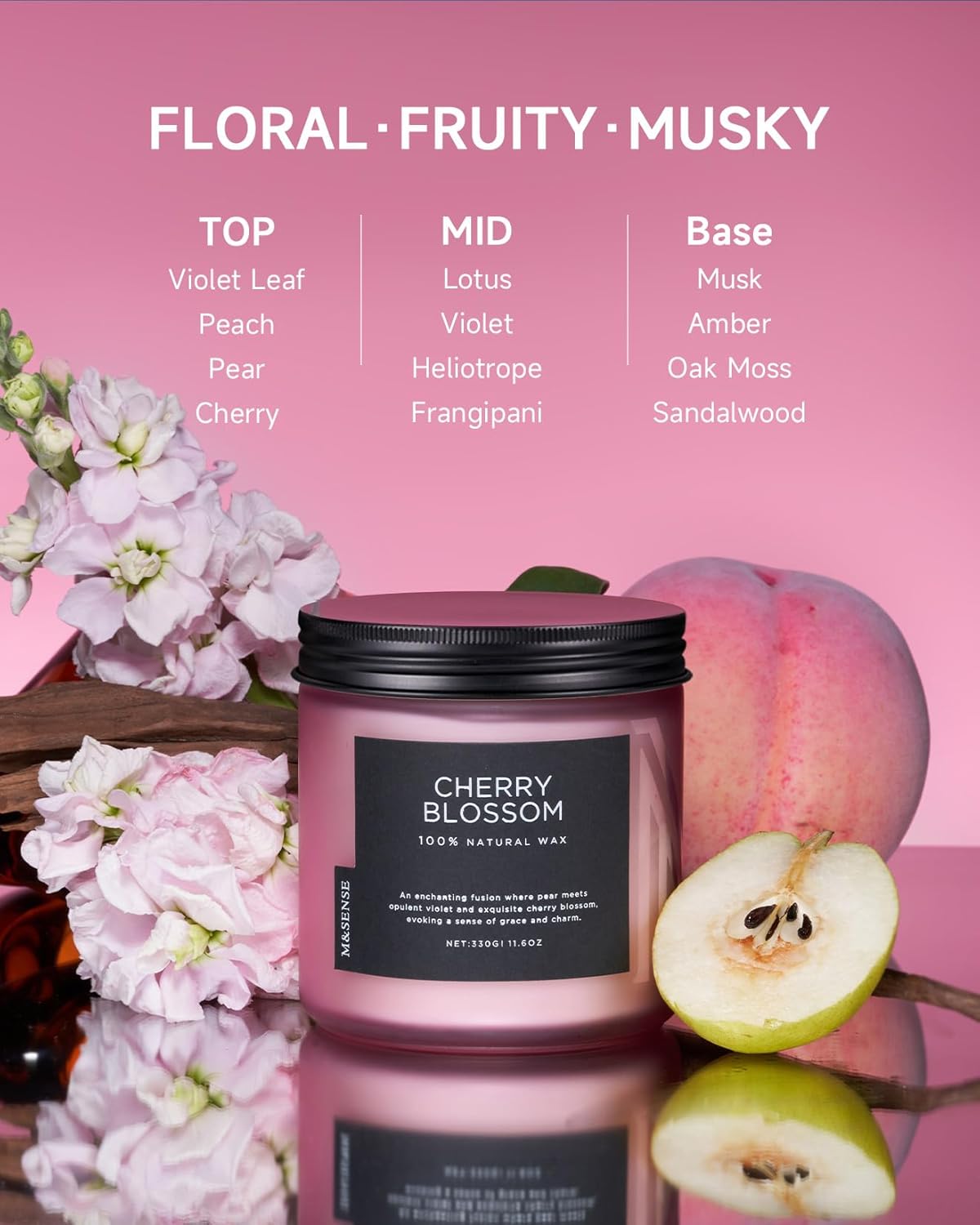 M&SENSE Cherry Blossom Scented Spring Candle, 70 Hours Long Lasting Soy Wax 11.6oz Stress Relief Aromatherapy Candles, Romantic Gifts for Women, Glass Jar for Bedroom Decor